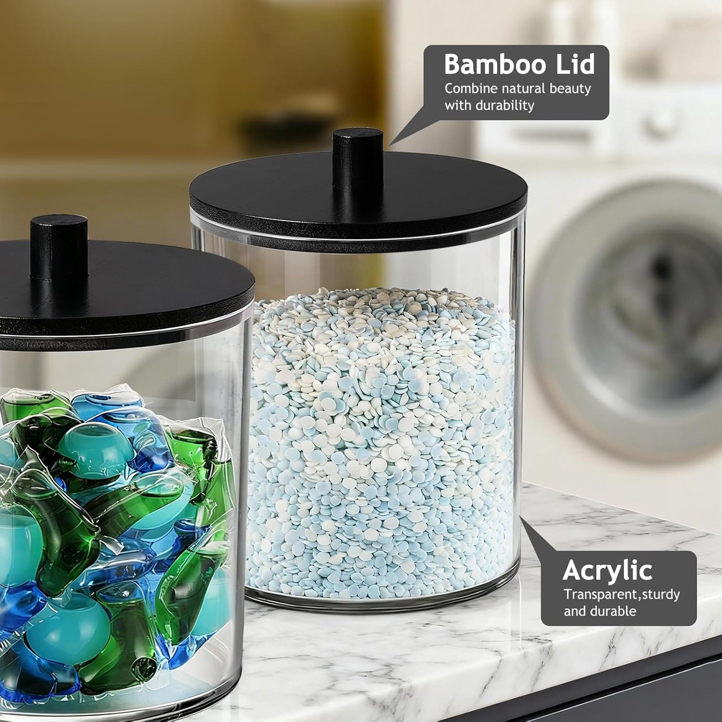 SheeChung 4 Pack 50 Oz Large Apothecary Jar with Bamboo Lid, Laundry Pods Container, Storage Jars for Bathroom Organization, Plastic Canisters with Cute Stickers Spoons(Black)