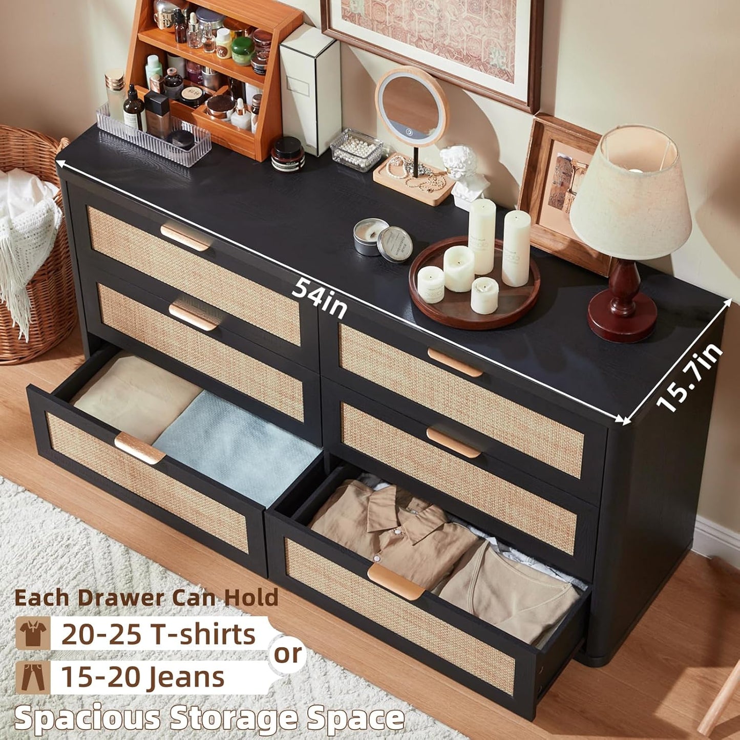 LEYAOYAO Rattan 6 Drawer Dresser for Bedroom, Boho 54" Wide Black Dresser Chest of Drawers, Dressers TV Stand with Metal Handle, Storage Dressers Closet Organizer for Living Room, Hallway