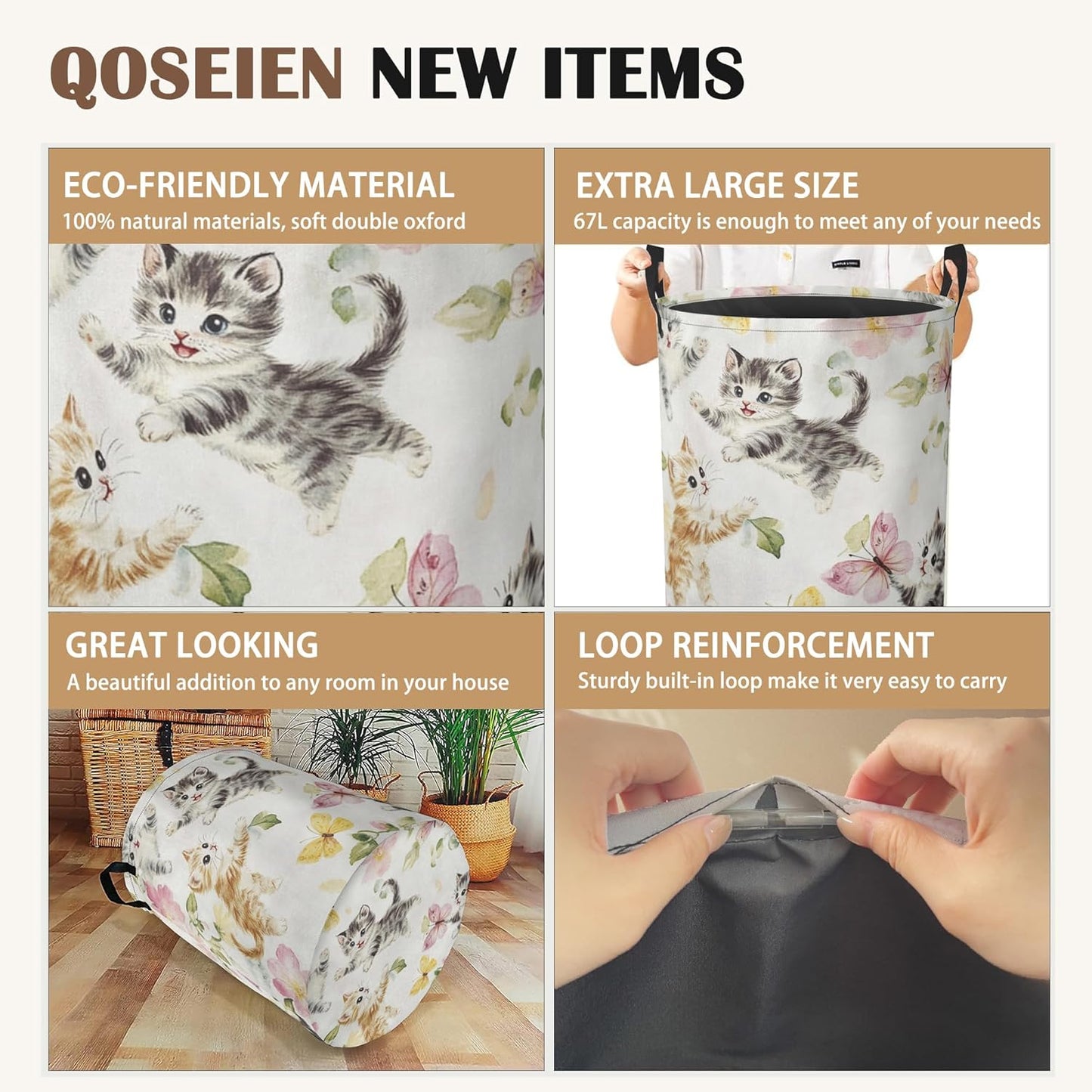 Cute Cats Laundry Hamper,Collapsible Laundry Baskets,Butterfly Floral Dirty Clothes Baskets with Handles,Oxford Cloth Hamper for Bedroom,Bathroom,College Dorms, 16"x20"