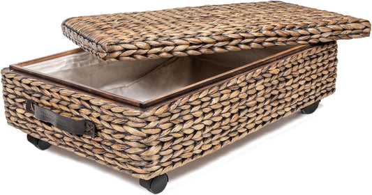 happimess BSK1006B 26.38" Chett Minimalist Hand-Woven Hyacinth/Wood Underbed Storage Bin with Wheels and Handles for Storage and Decoration in Bathroom, Bedroom,Closet,Entryway, Guest Room, Brown Wash