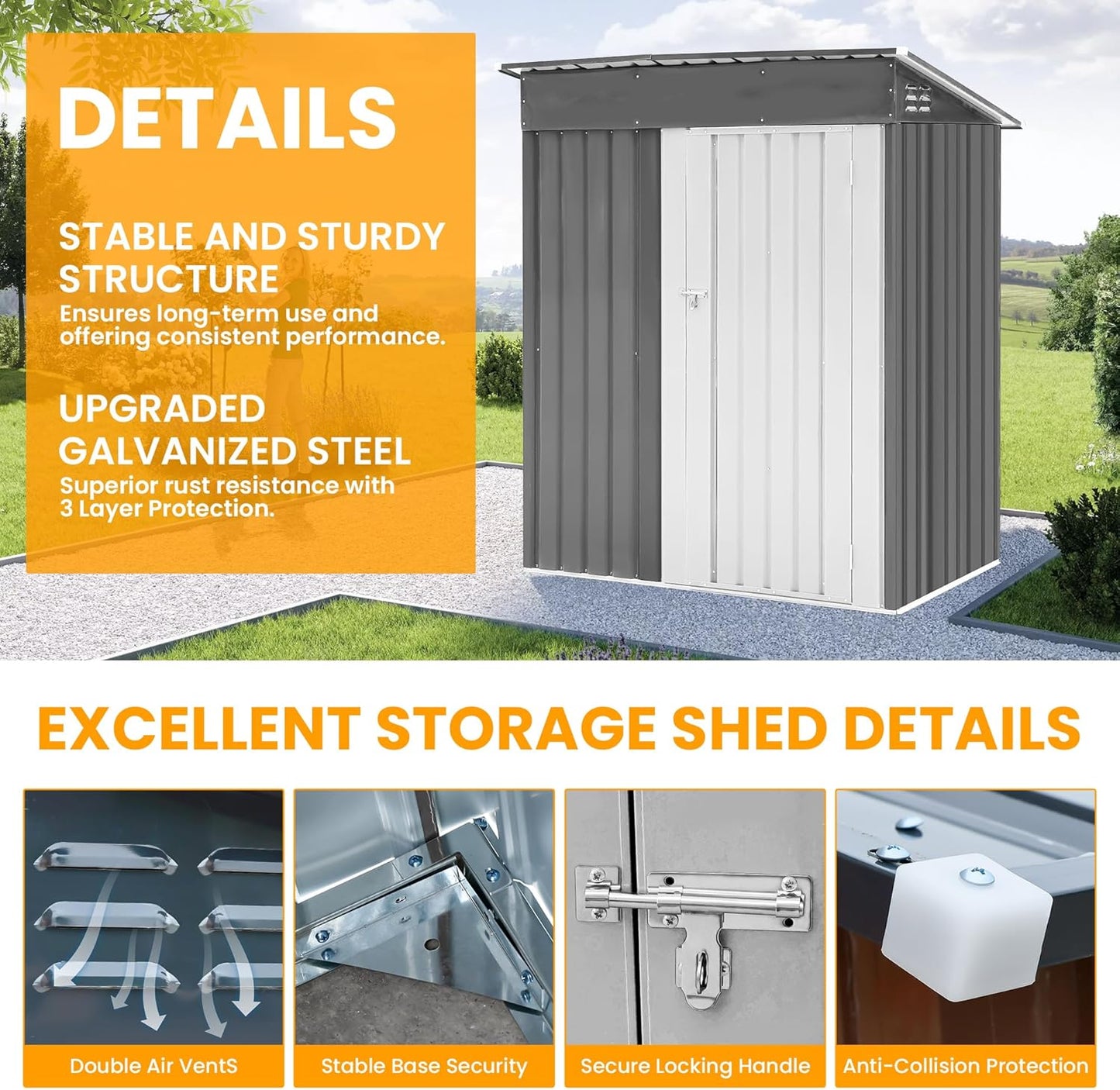 5x3 FT Outdoor Metal Storage Shed with Lockable Door, All-Weather Garden Tool Shed with Sloping Roof, Waterproof Steel Shed for Backyard, Patio, Lawn, Light Gray