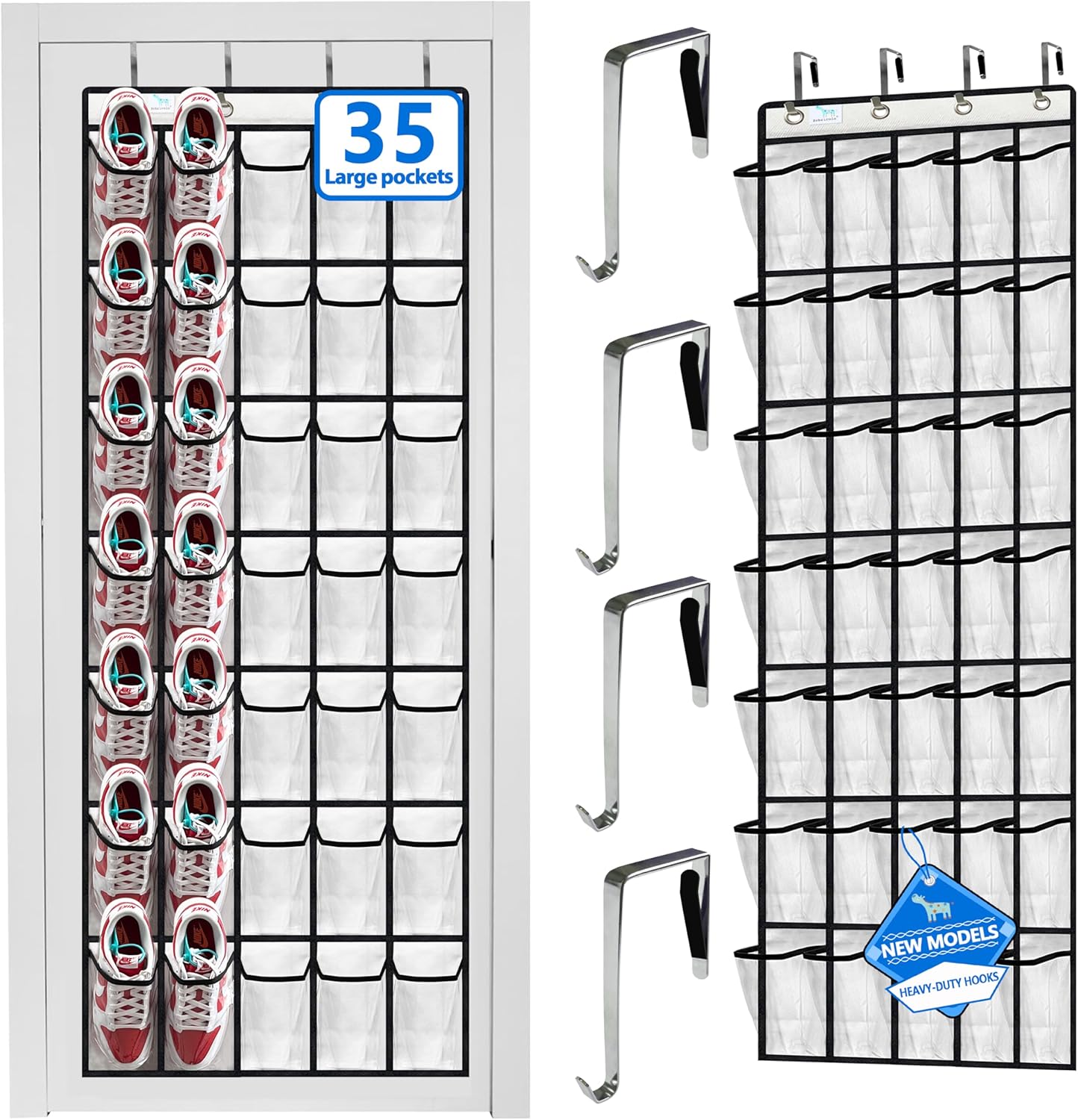 over the door shoe organizer,2025 upgraded,over the door shoe organizer,35 Huge clear pockets,over door shoe organizer,Store size 13 shoes,Strong material,hooks Suitable for various doors,White