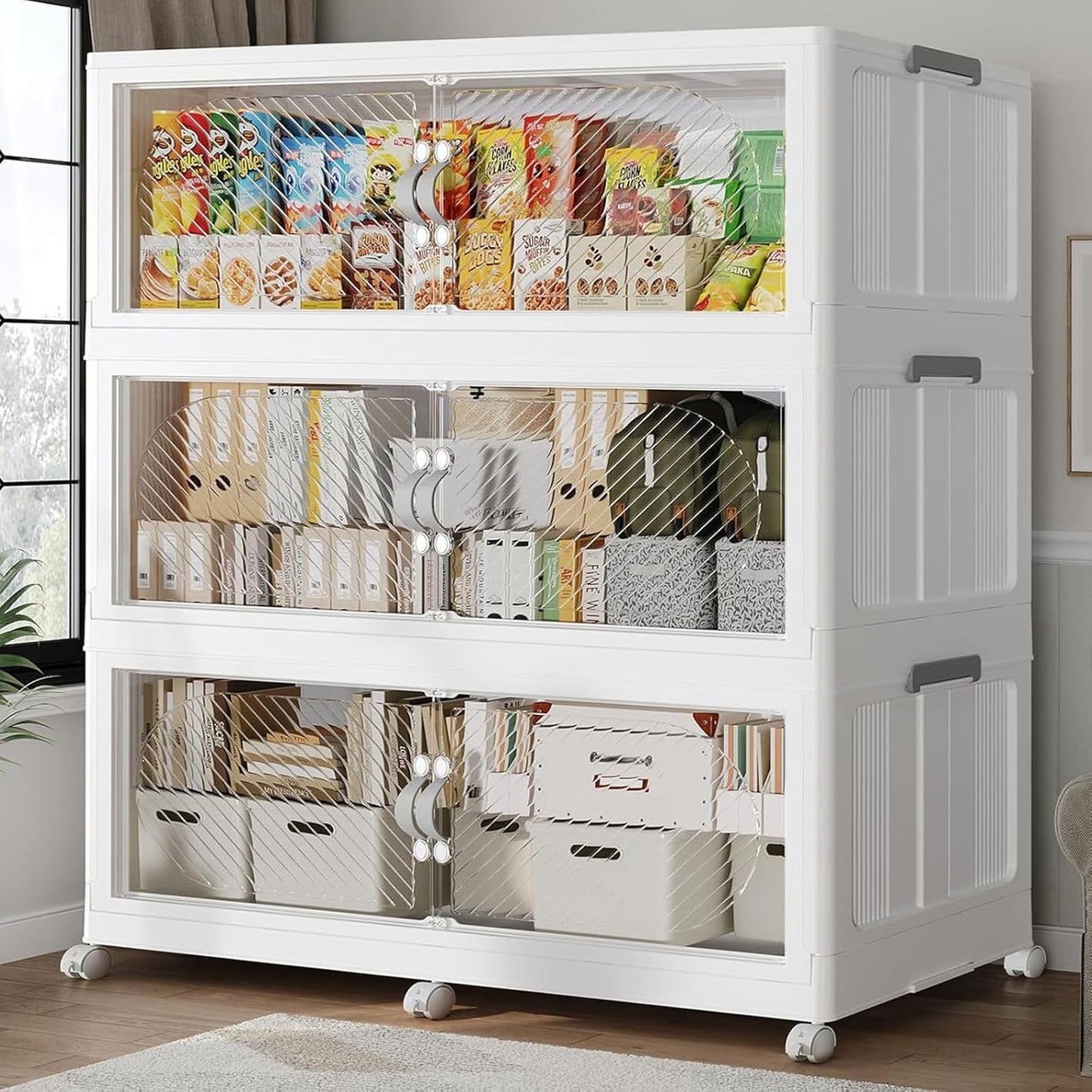 720QT Extra Large Stackable Storage Bins with Lid, 180Gal Plastic Closet Organizers and Storage Drawer, Collapsible Cabinet Box with Wheels Clear Doors for Home Kitchen Office, 3Pack White