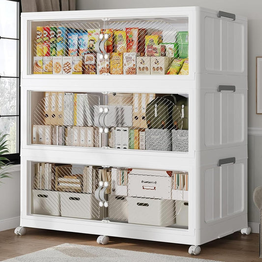 720QT Extra Large Stackable Storage Bins with Lid, 180Gal Plastic Closet Organizers and Storage Drawer, Collapsible Cabinet Box with Wheels Clear Doors for Home Kitchen Office, 3Pack White