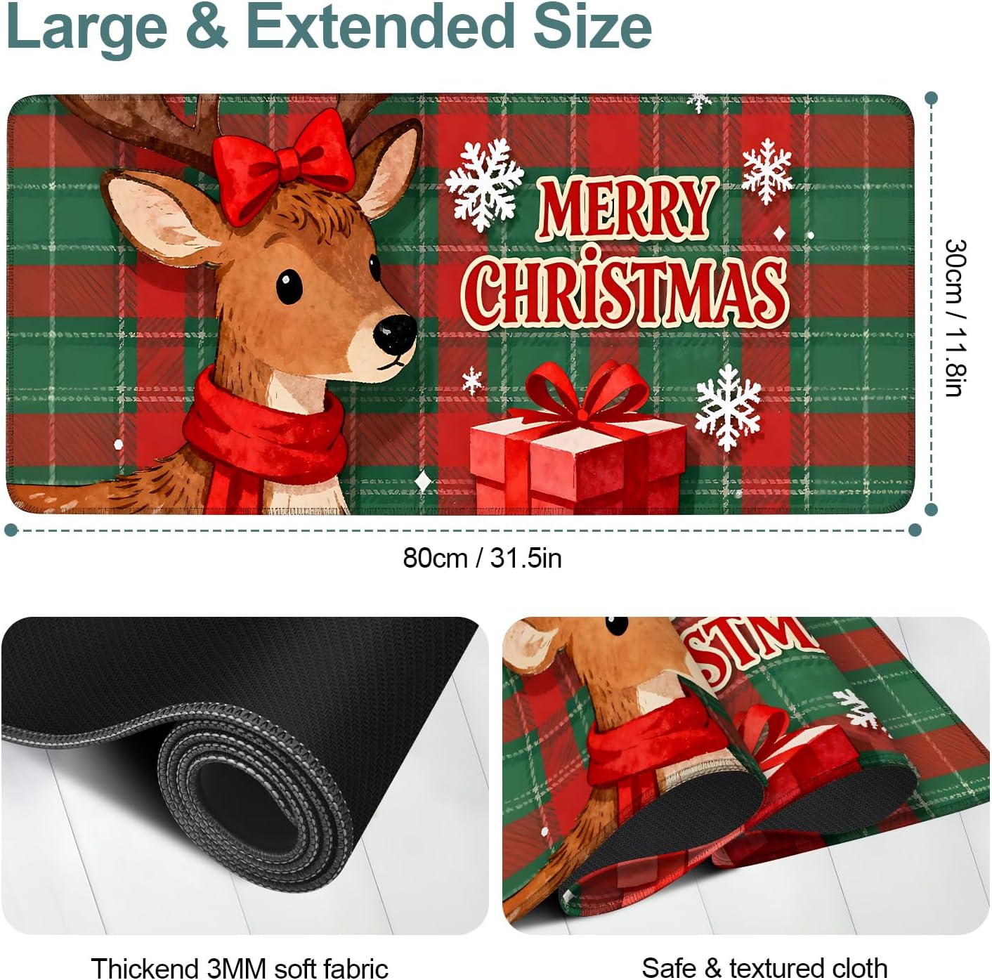 Merry Christmas-Elk Gaming Mouse Pad 31.5"x11.8"Desk Mat Anti-Slip Rubber Base & Durable Stitched Edges for Gamers Smooth Mouse Writing Surface for Desk Office/Home