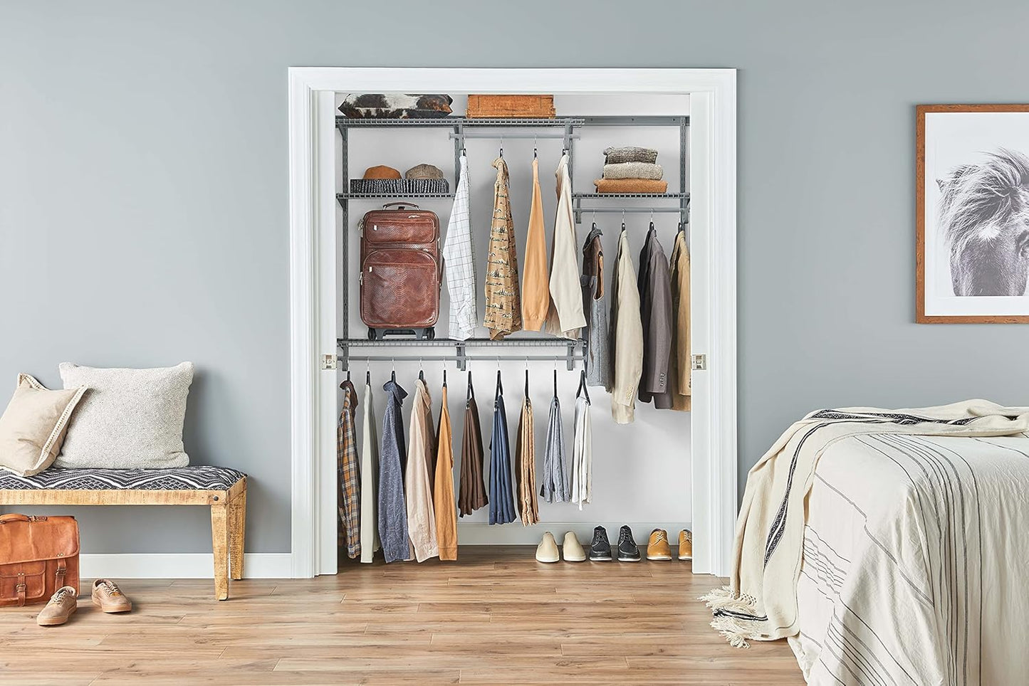 ClosetMaid ShelfTrack Wire Closet Organizer System, Adjustable from 4 to 6 Ft., With Shelves, Clothes Rods, Hardware, Durable Steel, Satin Chrome