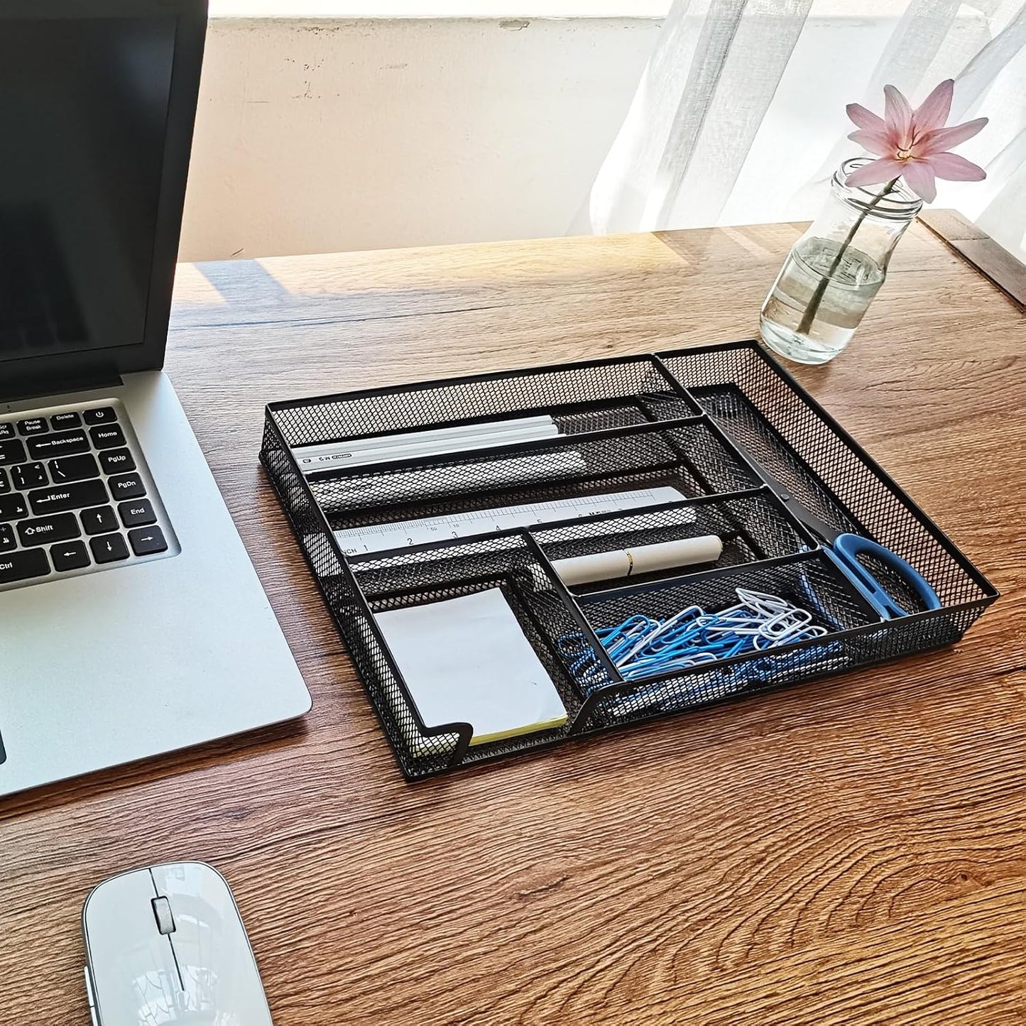 Metal Mesh Desk Drawer Organizer Tray, 6-Compartment Office Drawer Organizer for Pens Supplies, 12.6"x8.27"x1.57" Black