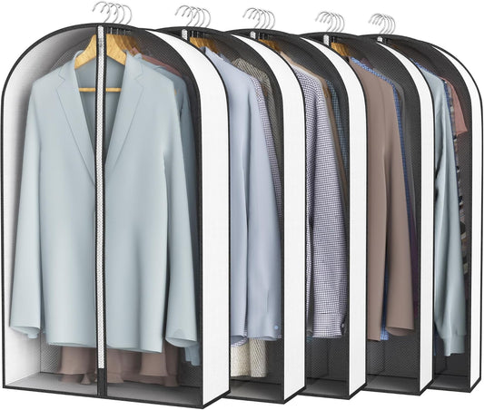 40” Garment Bags for Hanging Clothes 4” Gusseted - with Clear Window, Breathable Fabric, Metal Zipper, Suit Coat Dress Protector for Clothes Closet storage, Season Off, Moving, 5 Pack