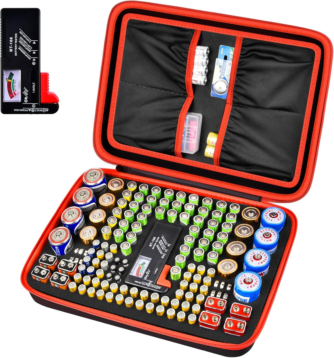 Comecase Battery Organizer Storage Box, Carrying Case Bag Holder - Holds 140+ Batteries AA AAA AAAA C D 9V - with Battery Tester - Red(Batteries are Not Included)
