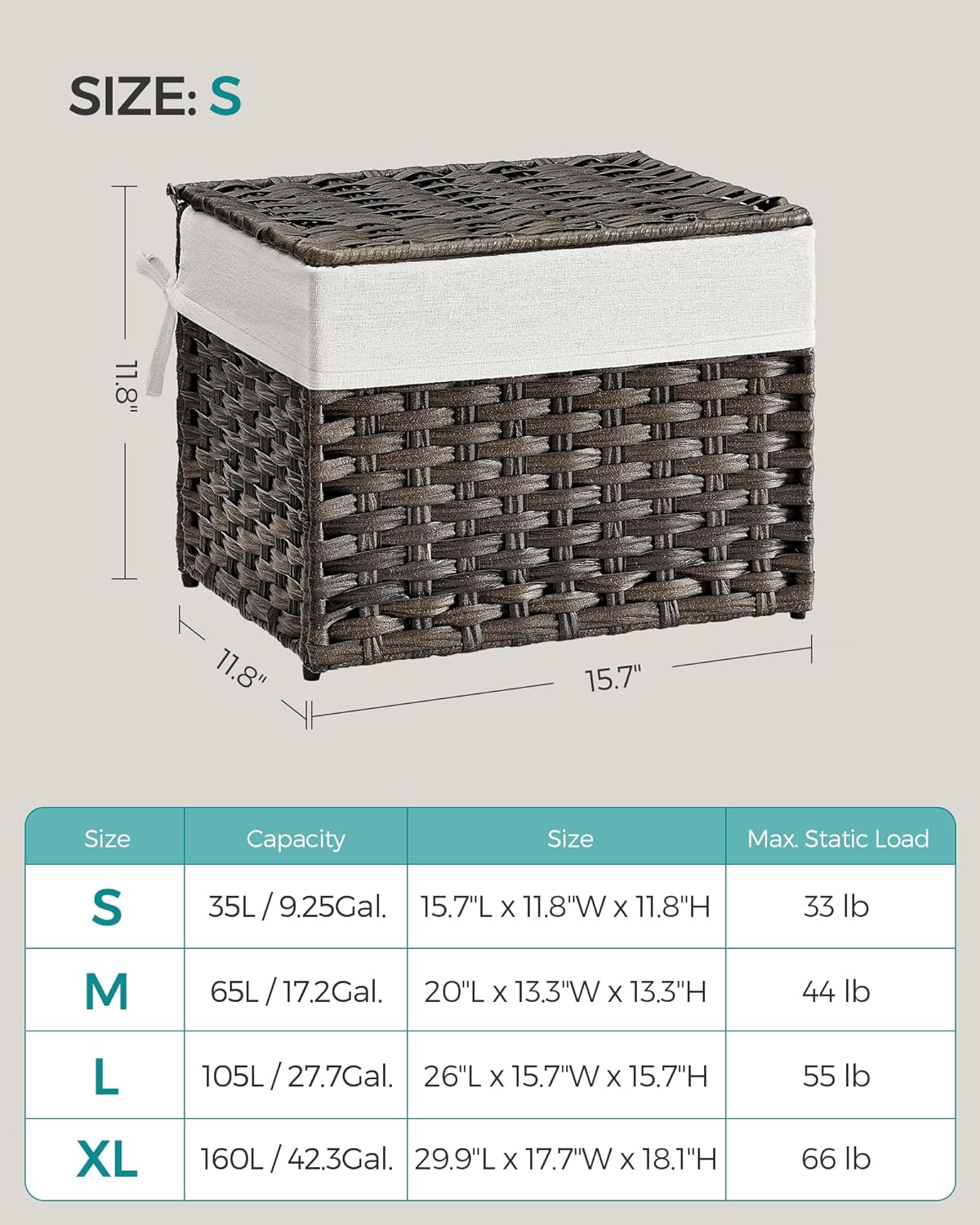 SONGMICS Storage Basket with Lid, Woven Blanket Storage Bin with Handles, Foldable, Removable Liner, Metal Frame, for Bedroom, Laundry Room, 9.2 Gallons (35 L), Brown URST040K01