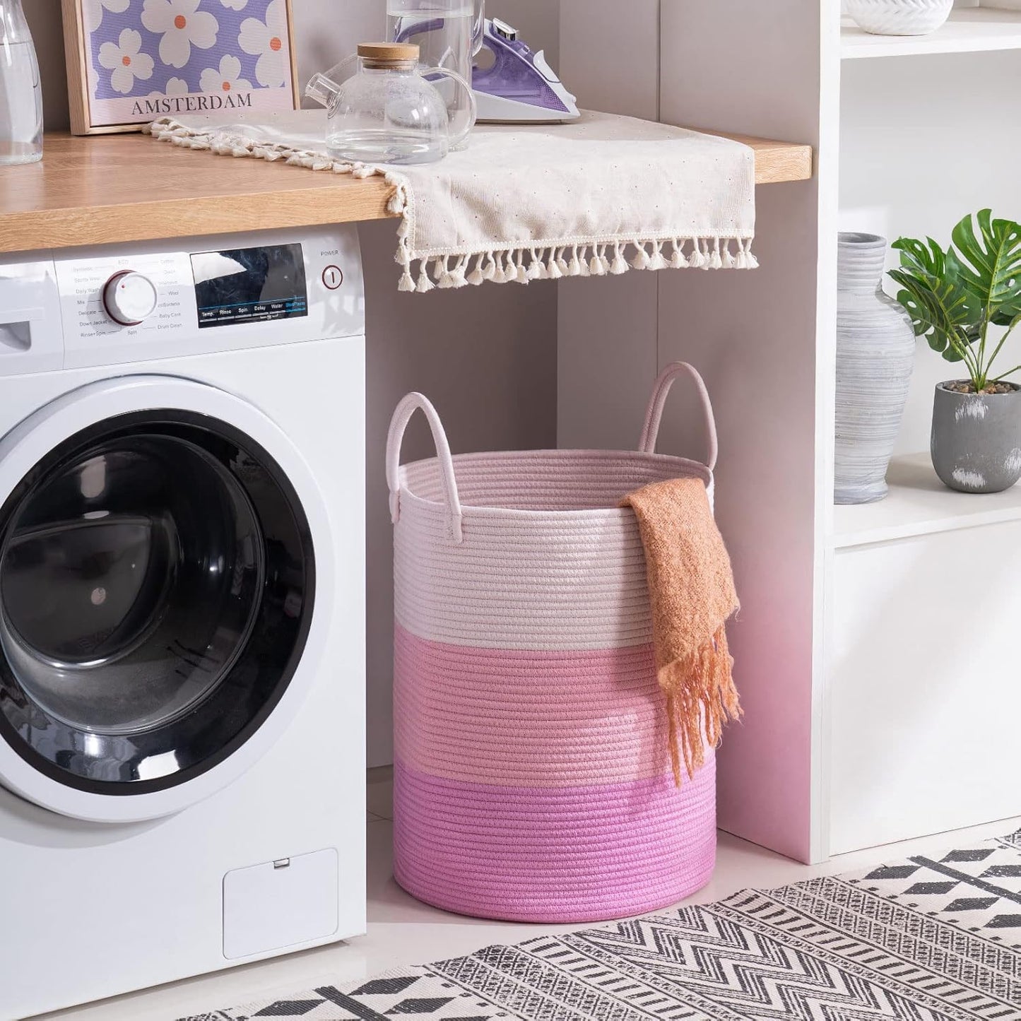 YOUDENOVA Woven Rope Laundry Hamper Basket, 58L Tall Luandry Basket, Baby Nursery Hamper for Blanket Storage, Clothes Hamper for Laundry in Bedroom-Large-Pink