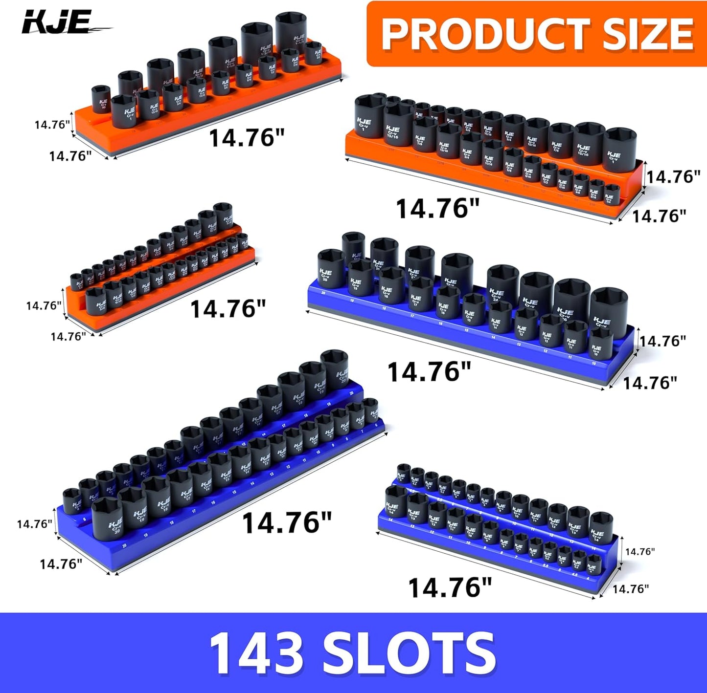 KJE Magnetic Socket Organizer Set 6 Piece, Magnetic Socket Holder Includes 1/4", 3/8", 1/2", Holds 143 Pieces Metric and SAE Socket Trays for Tool Box Drawer
