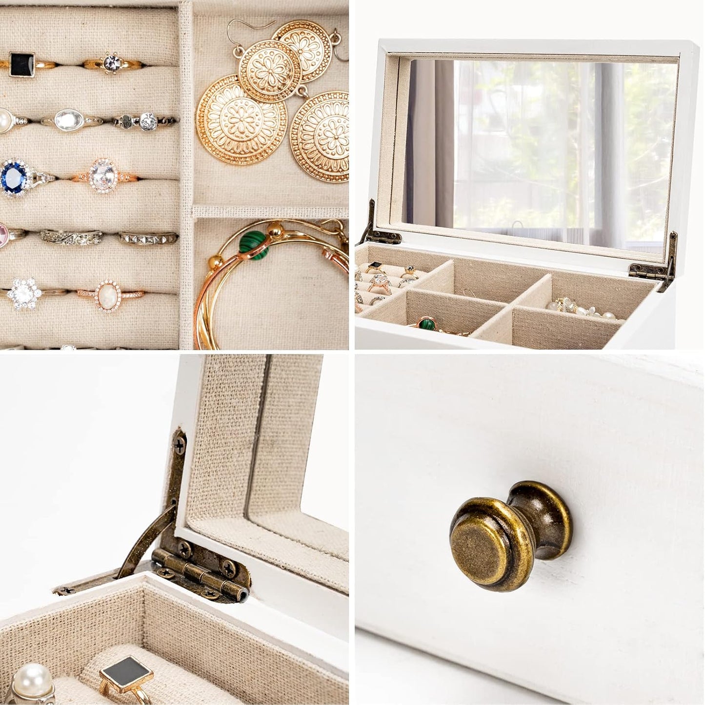Meangood Jewelry Box Organizer for Women, 2 Layer Large Jewelry Storage Case, Rustic Wooden Jewelry Box with Mirror & Ring Tray for Necklace Earring Bracelets Rings, Vintage Style (White)