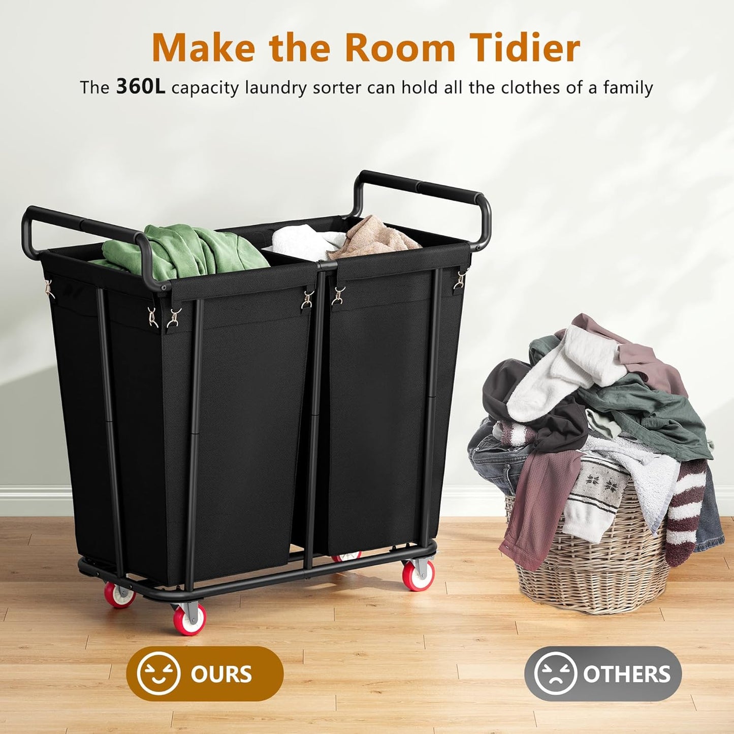 Large laundry hamper with Wheels, 2 Bag 360L Big Rolling Laundry Basket Sorter Cart, Extra Large Laundry Clothes Hamper, Heavy Duty Laundry Basket Organizer for Laundry Room,Bathroom