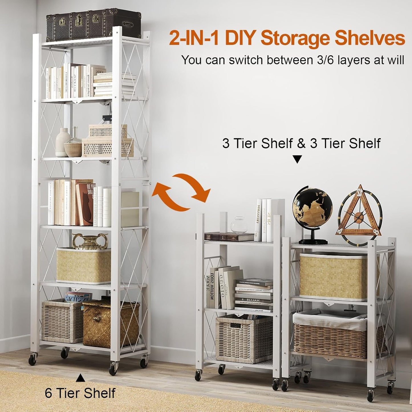 6-Tier Foldable Storage Shelves with Wheels, Folding Metal Shelf Unit, Folding Bookshelf no Assembly, Collapsible Shelves for Craft Shows for Kitchen, Bedroom, Living Room, White