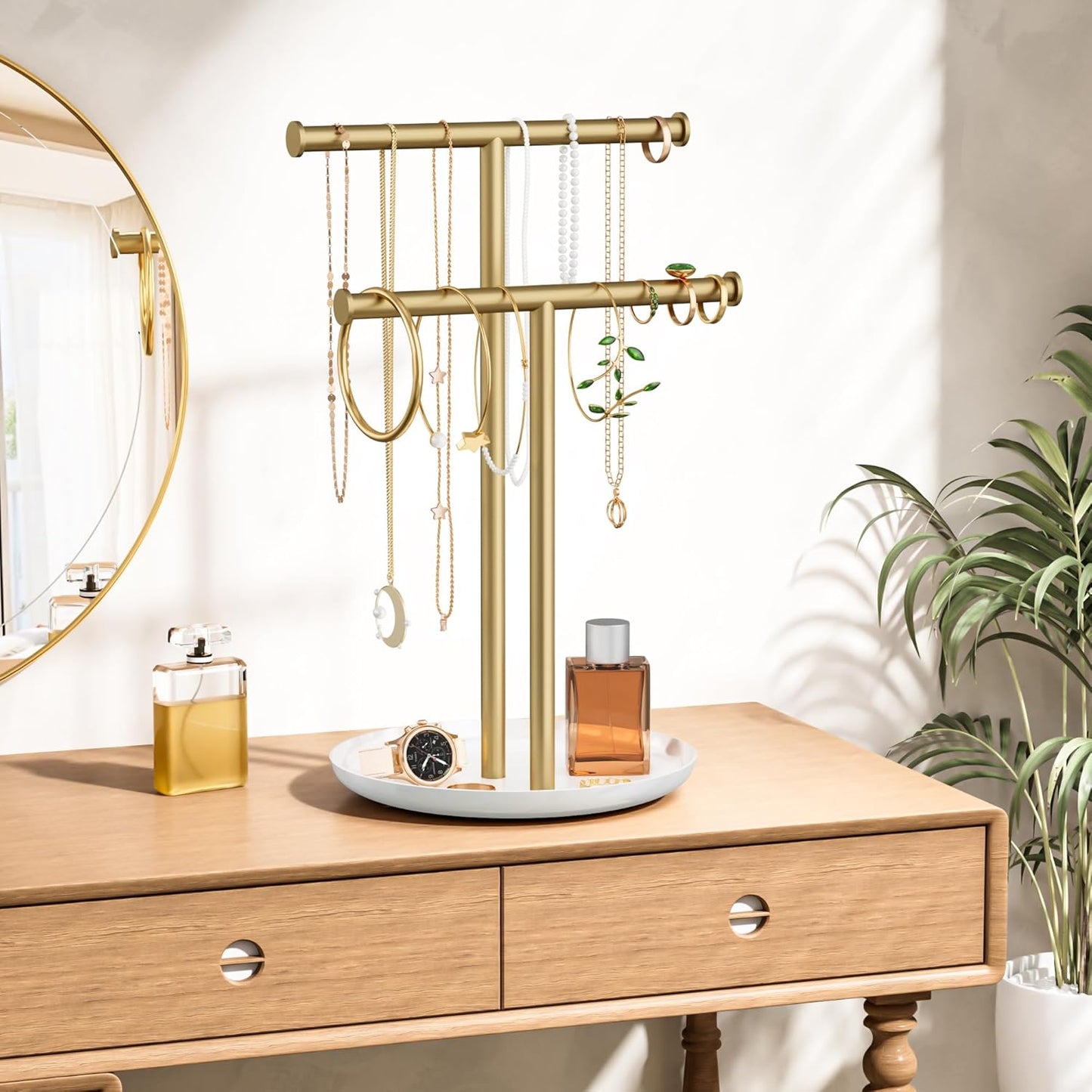 Gold Necklace Rack Stand with Storage Tray - 2 Rods T-Shaped Jewelry Holder Stand for Bracelets, Earrings, Rings | Elegant Vanity & Dresser Top Storage for Women.