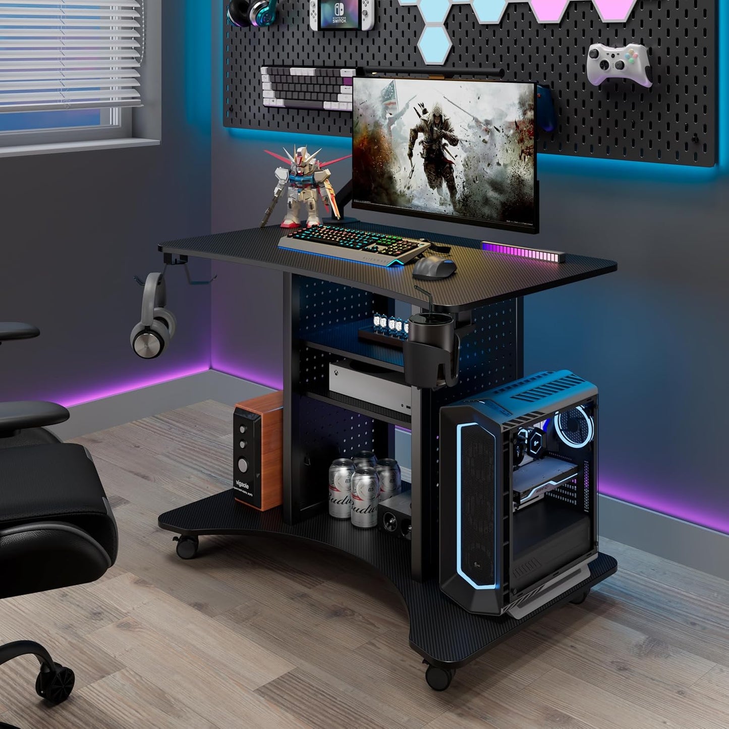 EUREKA ERGONOMIC Computer Gaming Desk, 37" Rolling Desk on Wheels for Small Space, Mobile Computer Cart with Pegboards Adjustable Shelves for Gaming PS Switch Home Office, Black