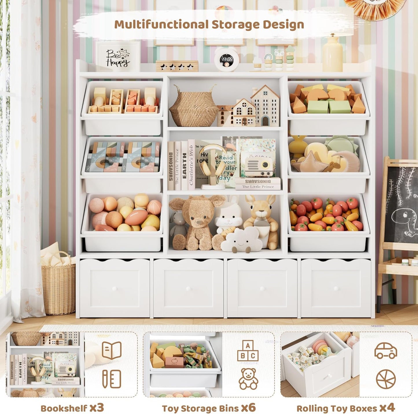 HITHOS 55" W Kids Toy Storage Organizer, Large Toy Box with Bookshelf, Toy Chest with 3 Cubes Storage Organizer, 6 Toy Organizers and Storage Bins, 4 Rolling Drawers for Kids Room, Playroom, White
