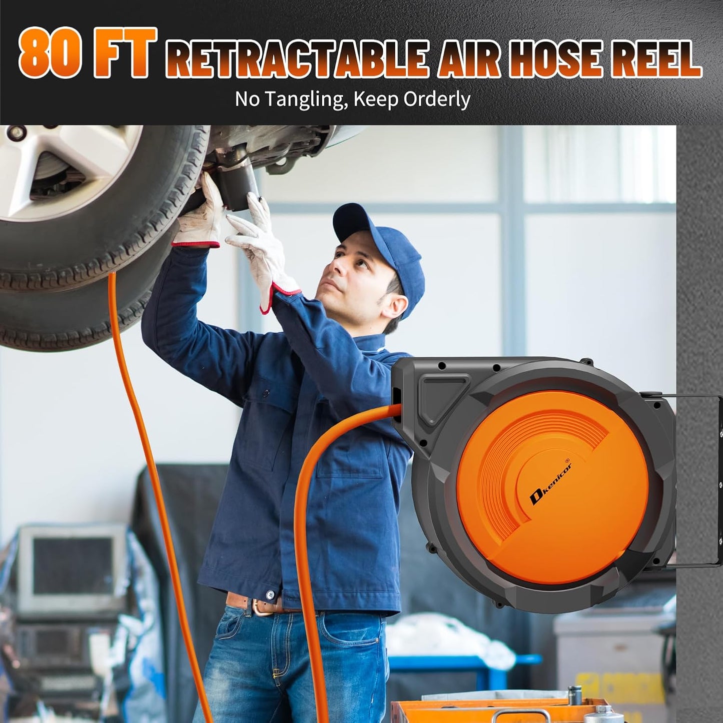 Retractable Air Hose Reel, 3/8" x 80ft Hybrid Hose, Auto Rewind Enclosed Air Compressor Hose Reel with 180° Swivel Bracket, Max 300 PSI Any Length Lock for Garage & Workshop