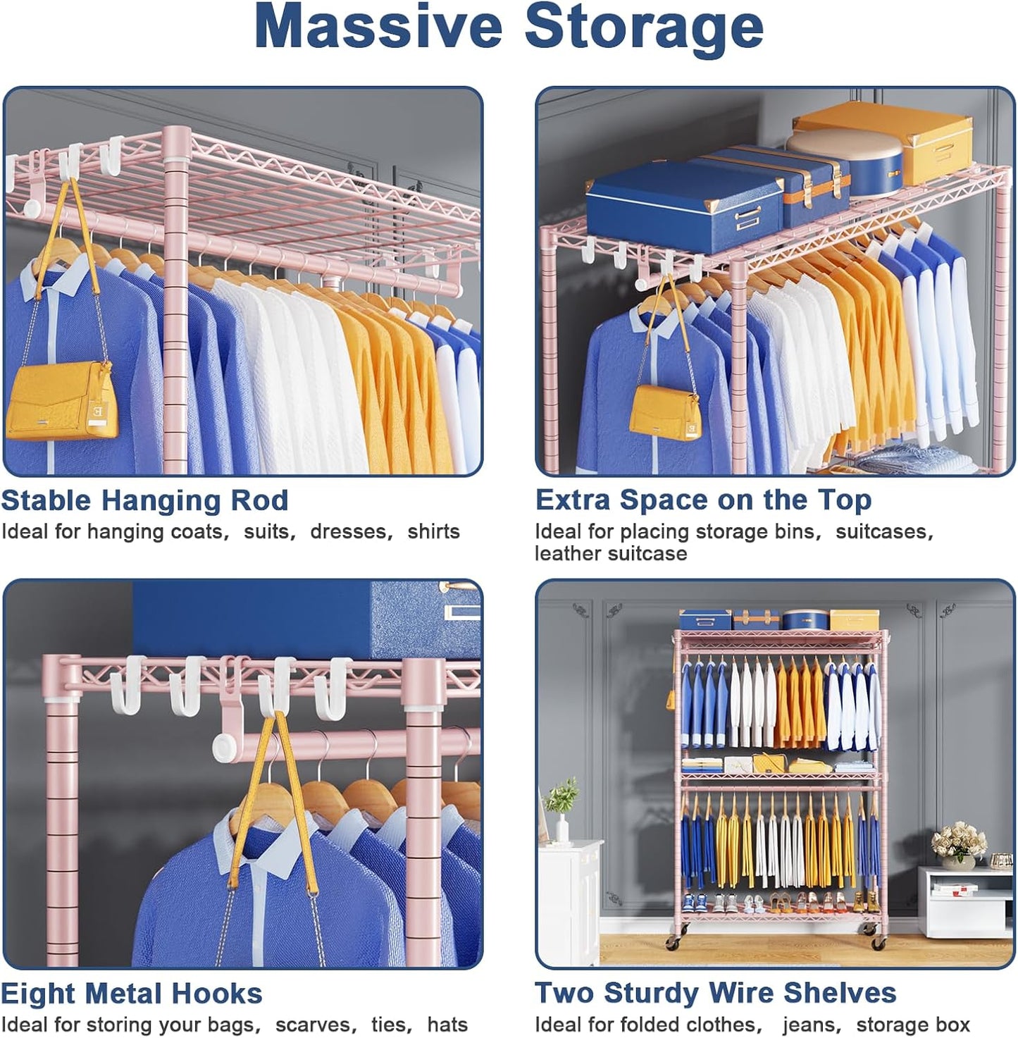 P8 Heavy Duty Clothes Rack（With Extended Width Design） Rolling Clothing Racks for Hanging Clothes，Portable Garment Rack with Lockable Wheels，51.2" W x 15.8" D x 80.5" H，Max Load 700LBS，Pink