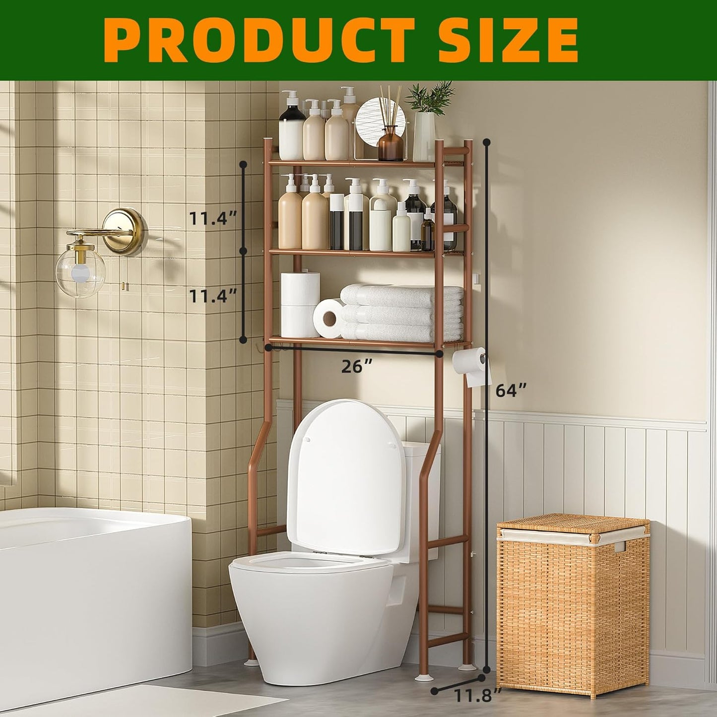 3-Tier Over The Toilet Storage, Space Saver Metal Bathroom Shelves, Freestanding Above Over Toilet Storage Shelf with 4 Hooks for Bathroom, Bronze