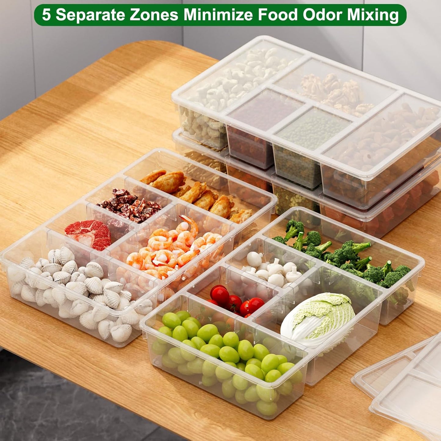 Taiuloo 2 Pack Divided Veggie Tray with Lid, Salad Bar Containers for Fridge Organizer, 5 Compartment Snackle Box Container, Clear Plastic Food Storage & Seving for Fruit, Vegetable, Snack, Meal Prep