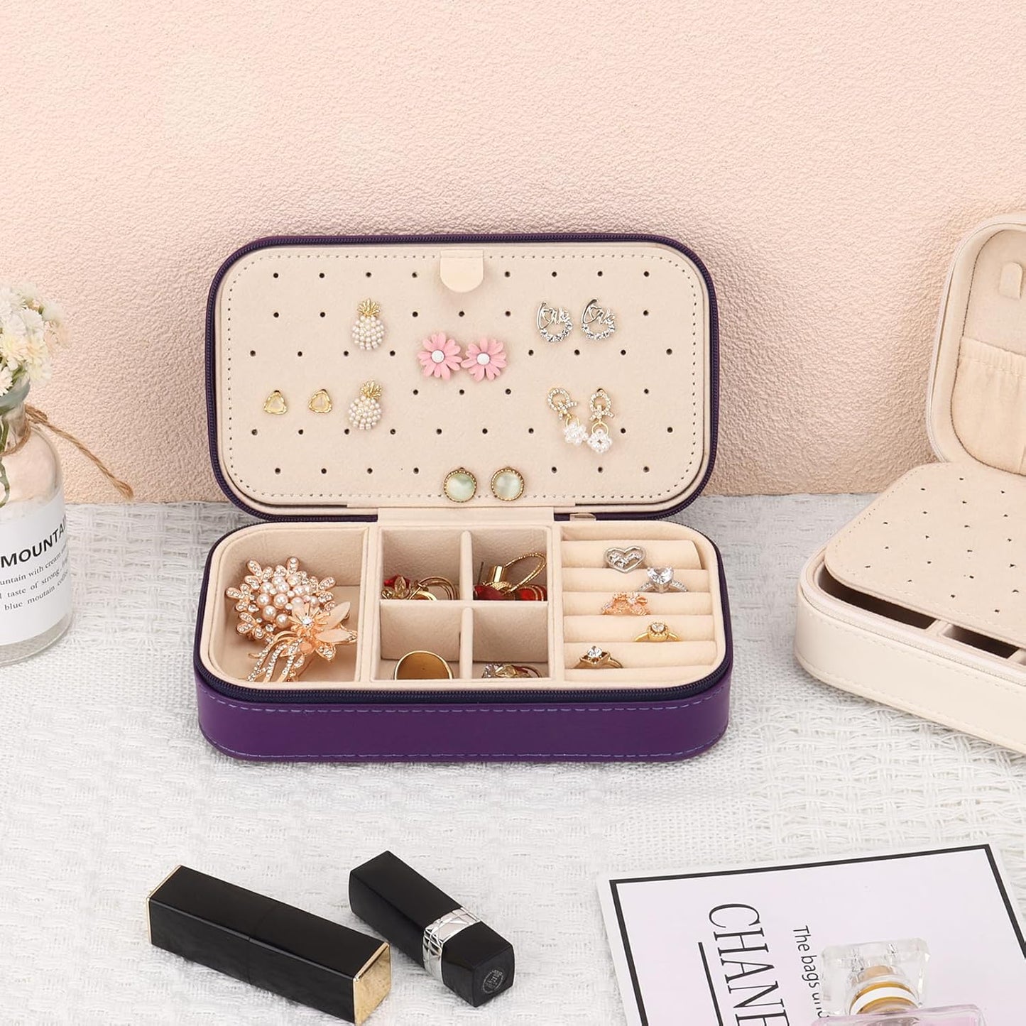 DesignSter Travel Jewelry Box, PU Leather Portable Jewelry Case, Small Jewelry Boxes for Gifts, Travel Jewelry Organizer for Women Rings Earrings Necklaces Bracelets (Dark Purple)