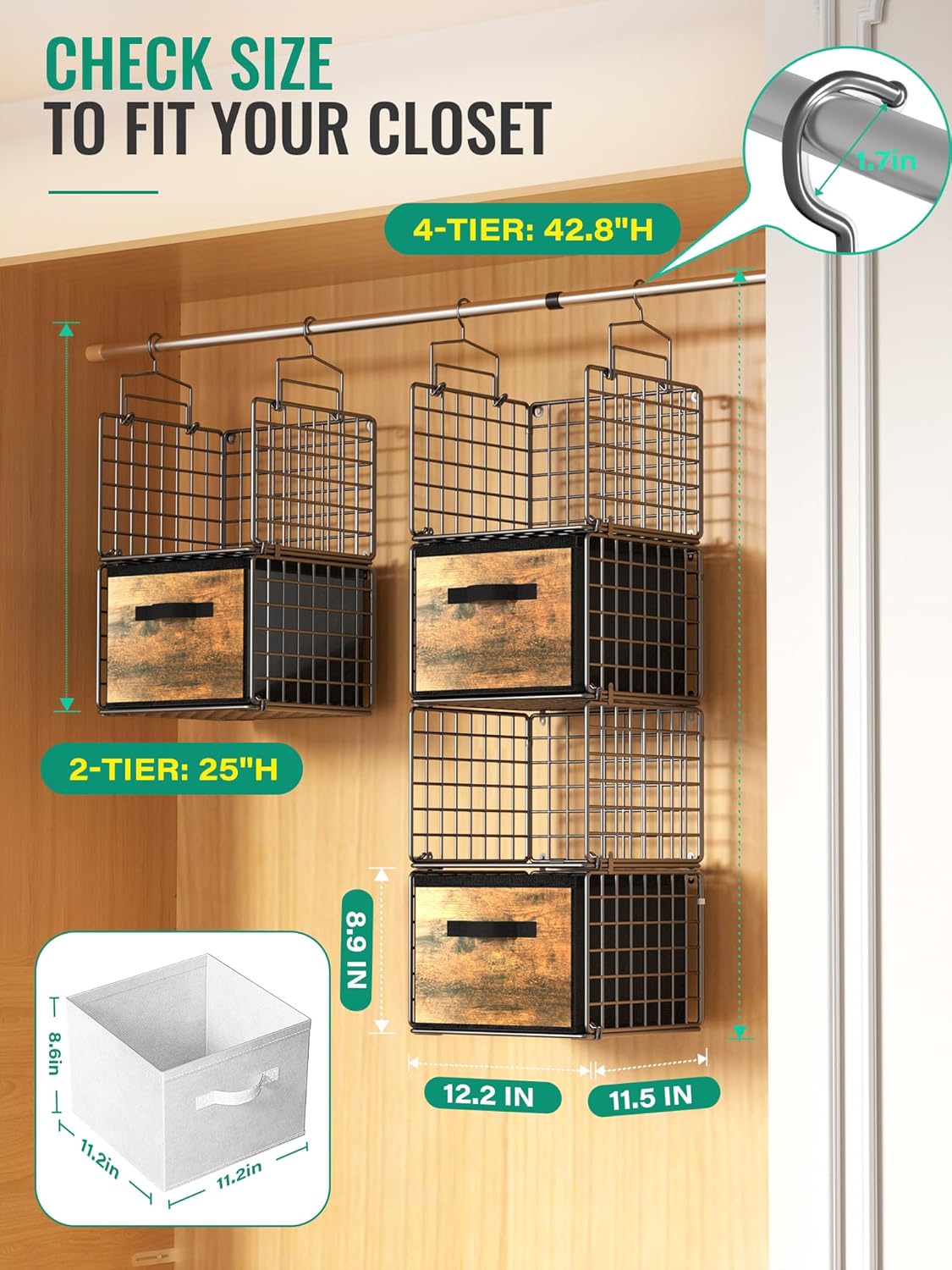 Hanging Closet Organizer with Drawers, 4 Tier Metal Closet Organizers and Storage with 4 Hanging Hooks 4 S-Hooks for Wardrobe Laundry Room, Wire Storage Shelf for Clothes Sweaters Pants (Black)