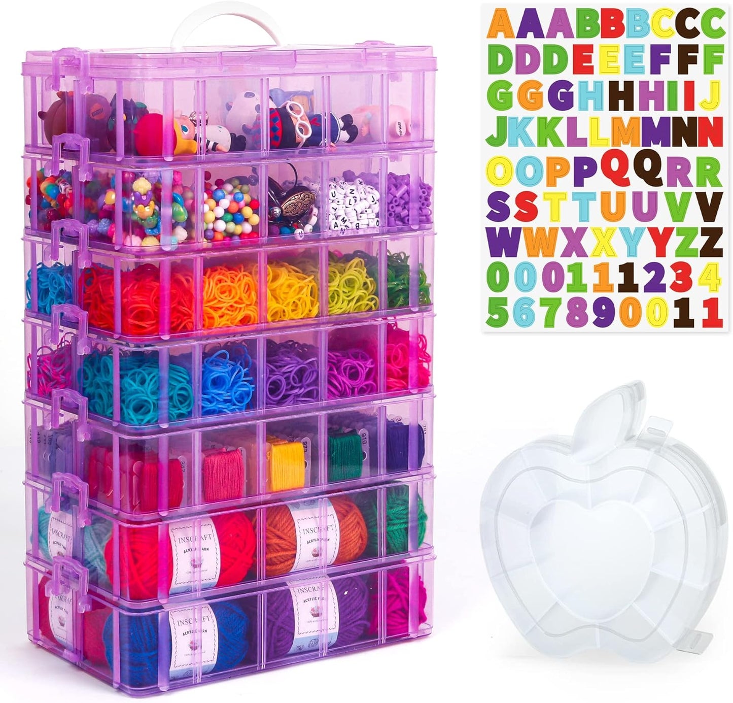 7 Layers Stackable Storage Container, 70 Adjustable Compartments (Purple) Stackable Storage Container, Perfect for Kids Toys, Art Crafts, Jewelry, Supplies, Mini Case & Letter Sticker Included