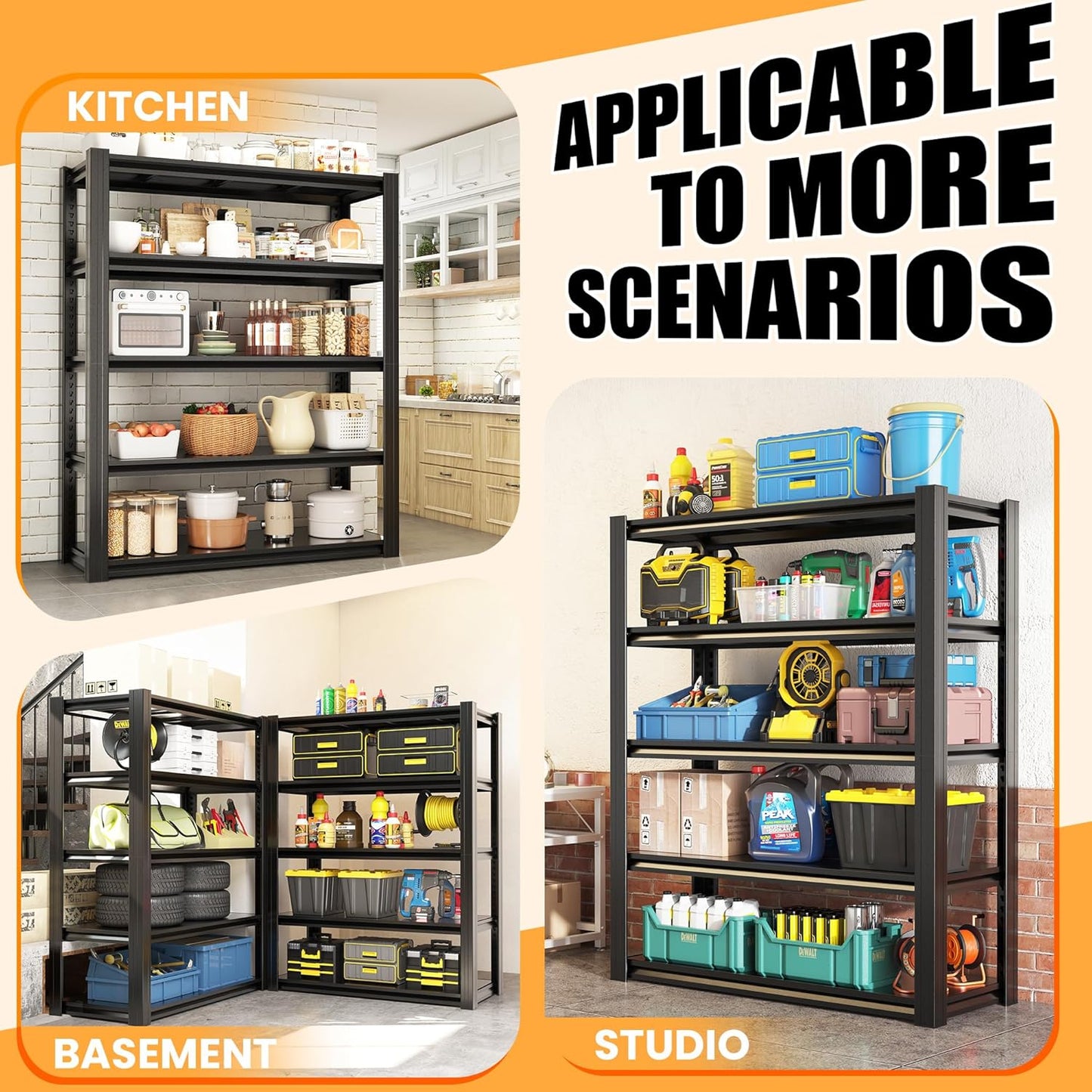 72" H Garage Shelving, Heavy Duty Storage Shelves, Garage Storage Shelves, Adjustable 5 Tier Metal Shelving Unit, Utility Shelves for Warehouse Backyard, 72" H×36" W×16" D