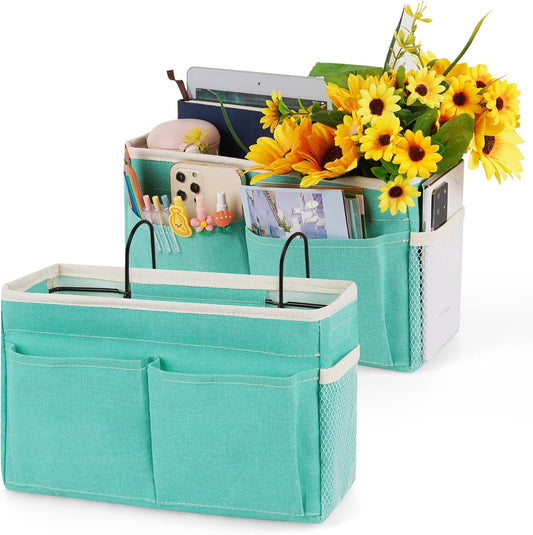 Bedside Caddy Bedside Storage Organizer Hanging Bunk Bed Dorm Room with Side Pockets for Water Bottles, Books, Cell Phones, Headphones 2 Pack (Light Blue)