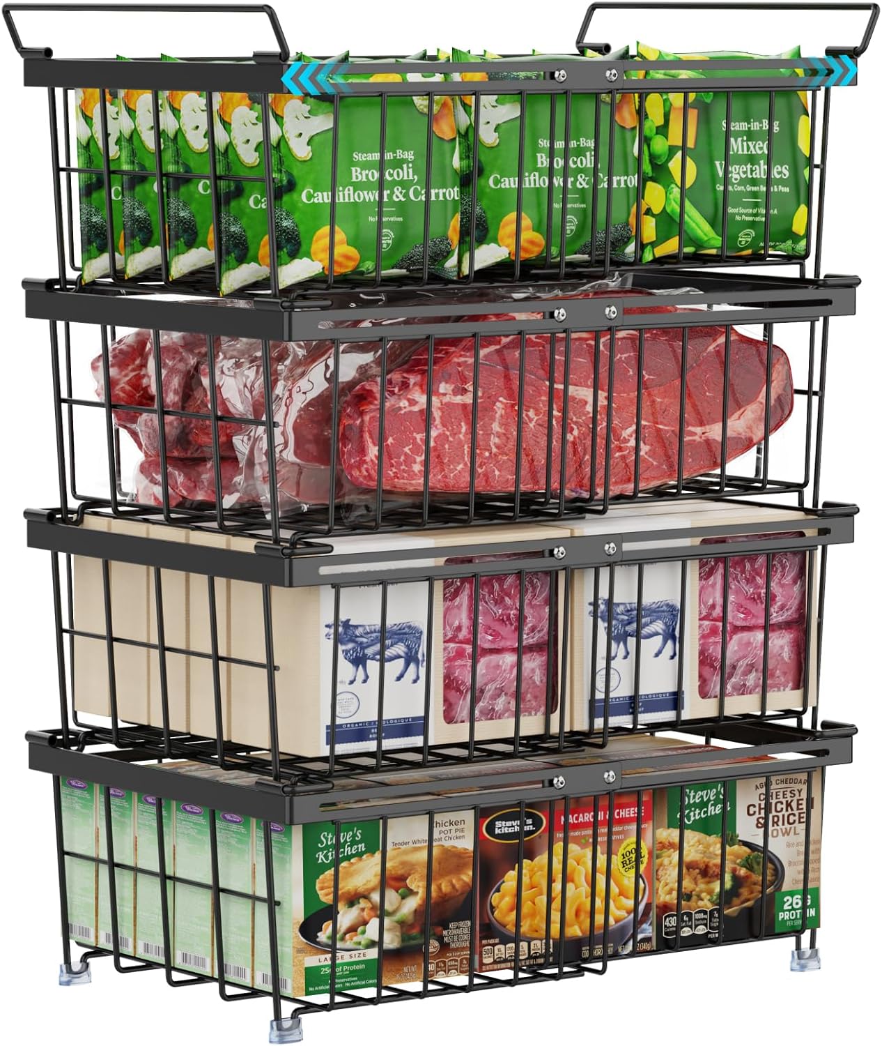 iSPECLE Freezer Organizer Bins - Fit 10 to 20 Cu.FT Deep Freezer, 4 Pack Large Expandable Stackable Chest Freezer Organizer Bins Sort Frozen Food and Easily Get without Digging in the Freezer, Black