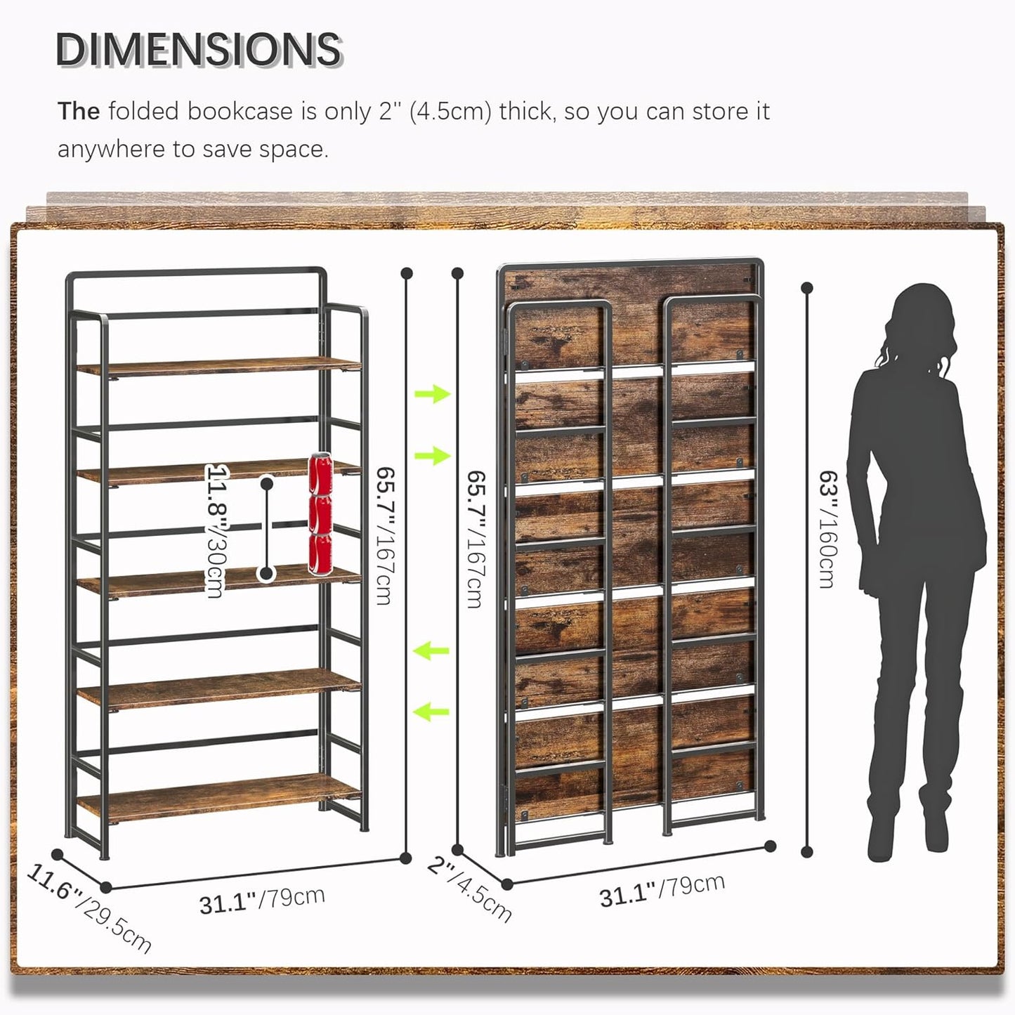 4NM No Assembly Extra Wide 5 Tiers Folding Bookshelf Storage Shelves Vintage Bookcase Standing Racks Study Organizer Home Office (Rustic Brown Black)