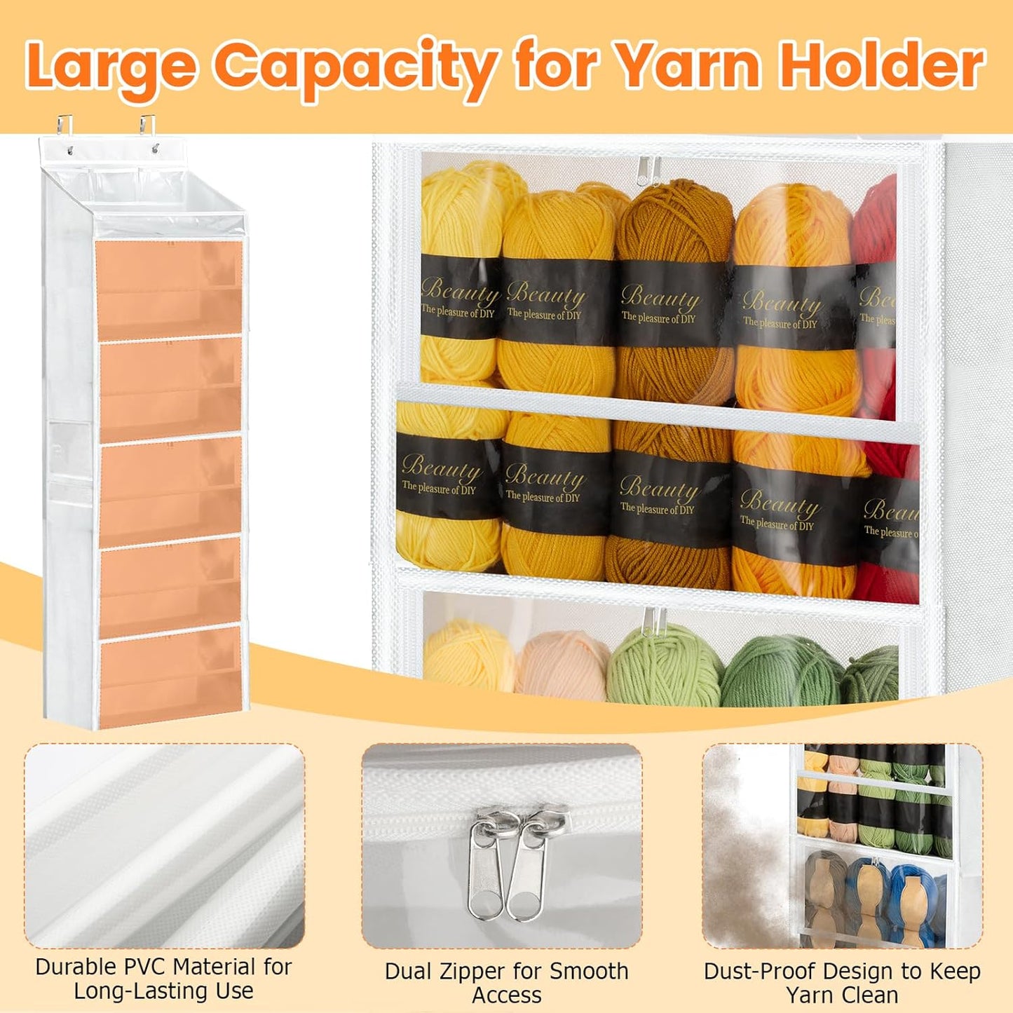 Yarn Storage Organizer, Yarn Holder Over the Door Hanging Crochet Kit Storage with 5 Zippered Compartments, Large Capacity Sewing Organizer Gifts for Knitters Needles Storage Crochet Hooks