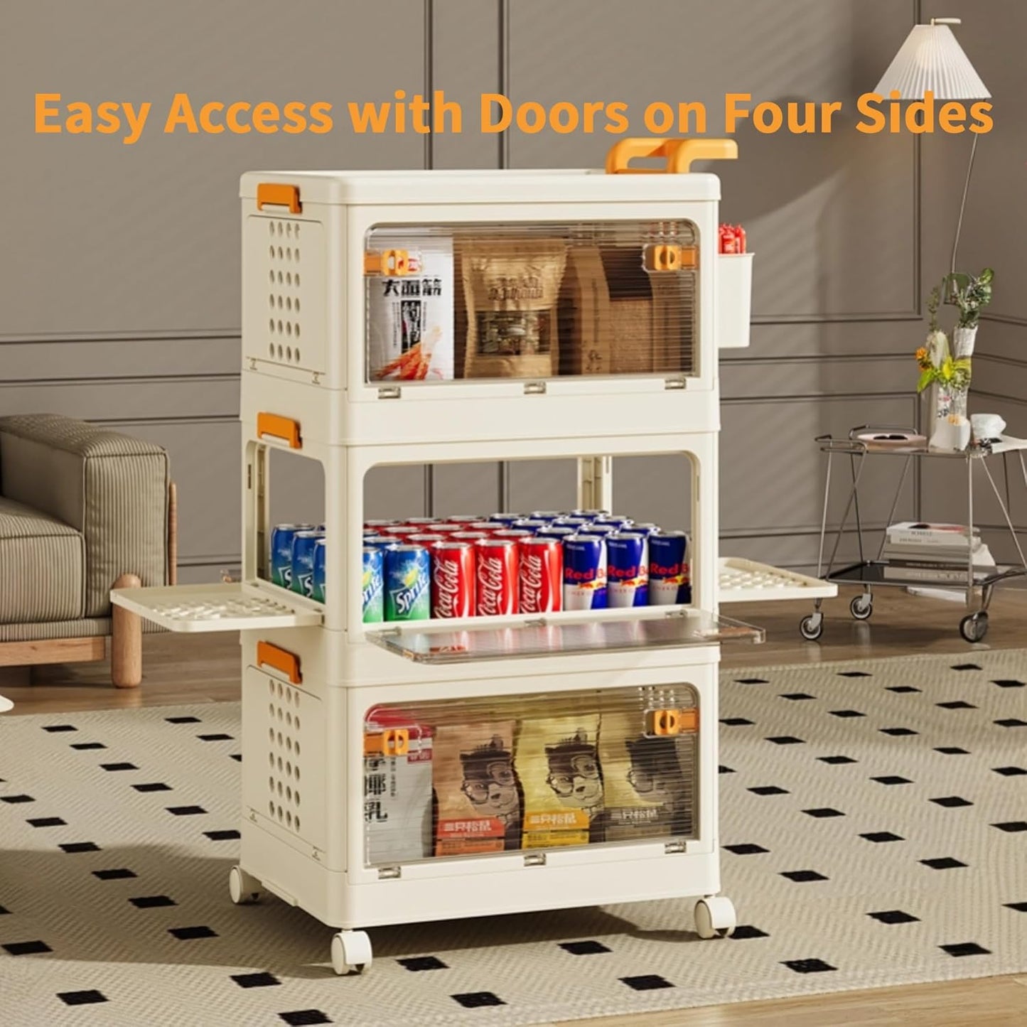 58 QT Storage Bins with Lids, Stackable Rolling Storage Cart with Clear Doors, 3 Tier Storage Cart on Wheels, Plastic Storage Containers for Home, Office, Kitchen, Bedroom, White
