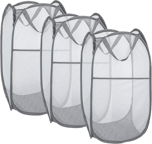 Larpur Pack of 3 Pop up Laundry Hampers, Collapsible Laundry Baskets, Portable Mesh Clothes Hampers for Kids Room, College Dorm, Bathroom, Foldable Hamper with Carry Handles, Gray