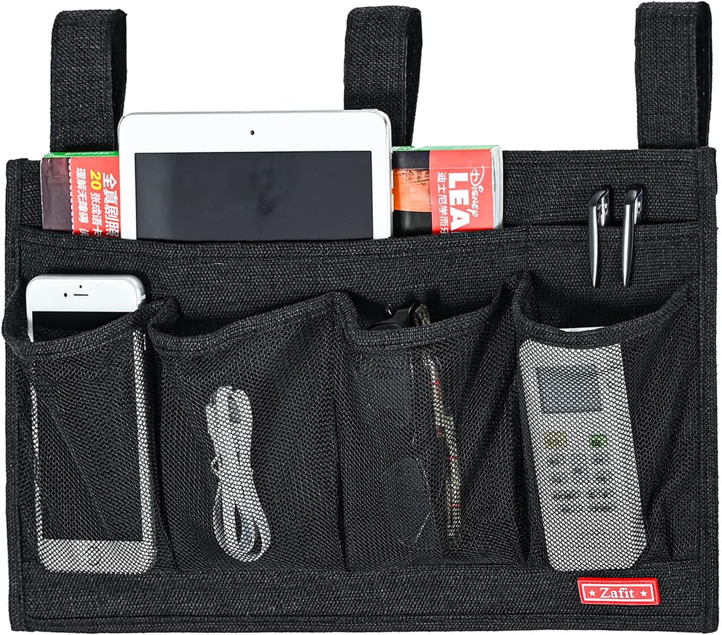 Linen Bedside Caddy, Bedside Storage Organizer for Hospital Beds, College Dorm Rooms or Baby Bed (6 Pockets-Black)