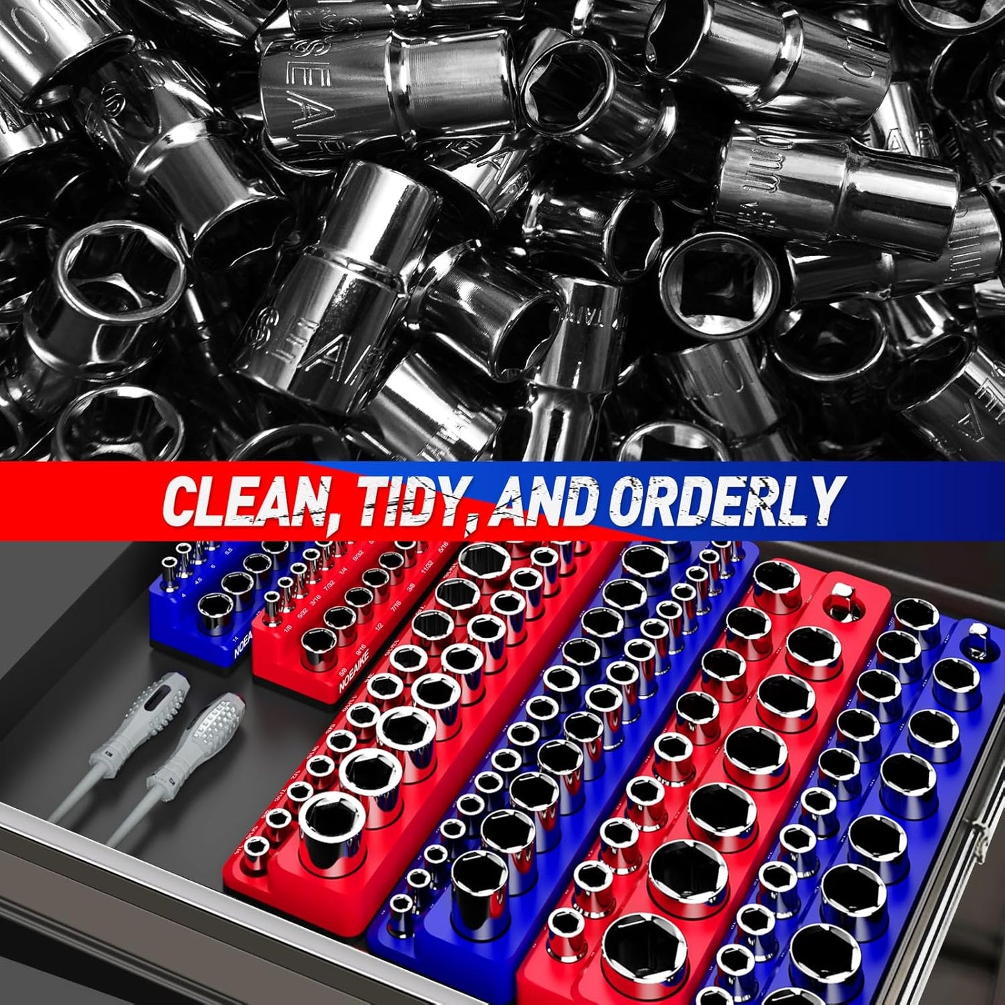 1/2 Inch Magnetic Socket Organizer,2-Pack Metric &SAE Sockets Holder Set 1/2" Drive Socket Trays, Holds 35 Pcs Standard Sockets(Socket not Included)