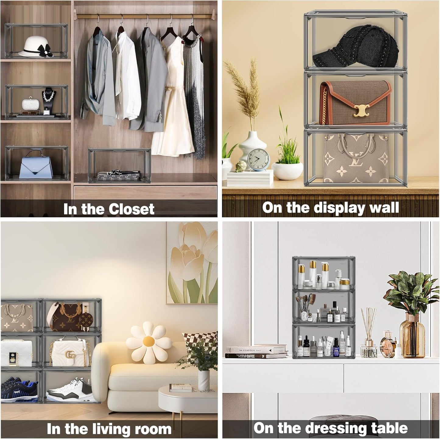 12 Pack Large Shoe Organizers Storage Boxes for Closet Clear Plastic Stackable Shoe Box Storage Bins with Lids, Under Bed Shoe Containers for Entryway, Size 12 Gray