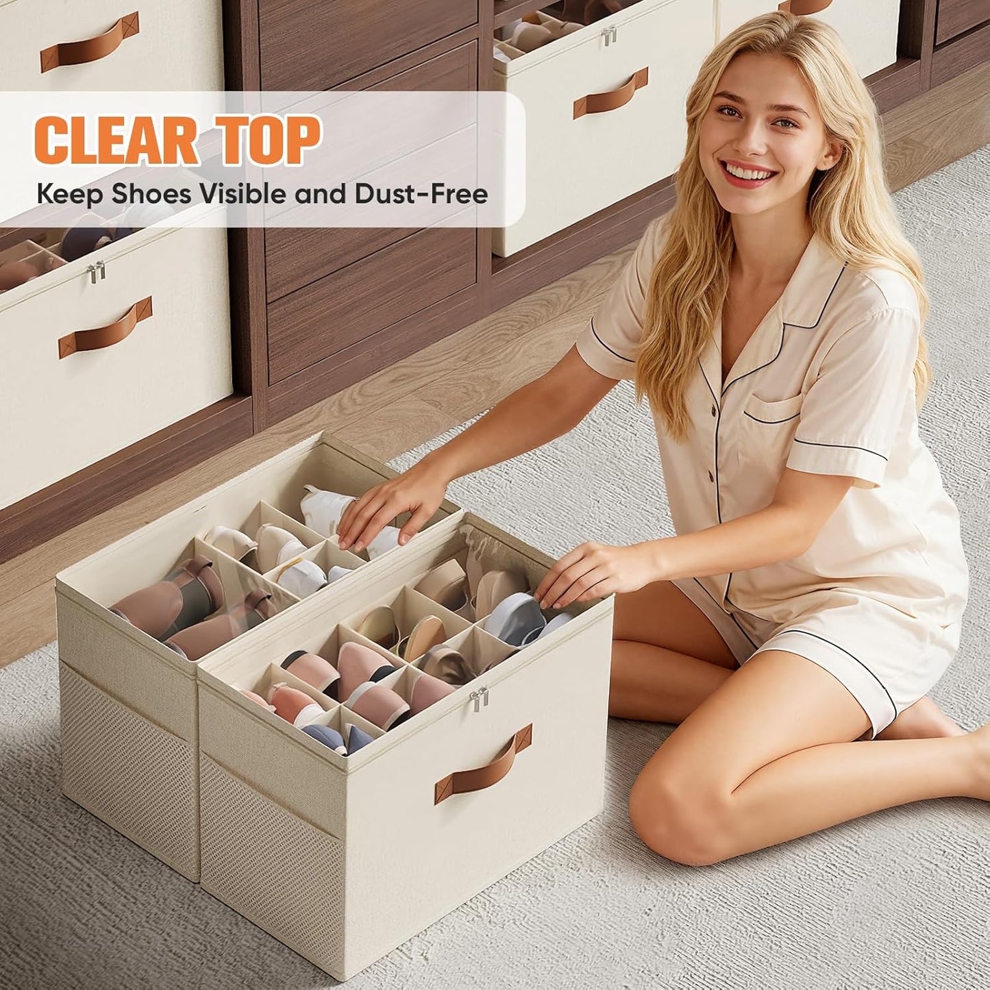 Shoe Organizer for Closet, 2 Pack Foldable Shoe Storage Organizer with Adjustable Dividers, Shoe Storage Box with Clear Cover, Fits up to 16 Pairs, Beige