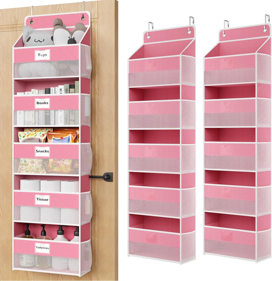 Over The Door Organizer Hanging, 2 Pack 5 Shelf Behind The Doors Storage, Pantry Door Organizer, Closet Organizers for Bedroom and Nursery (Pink)