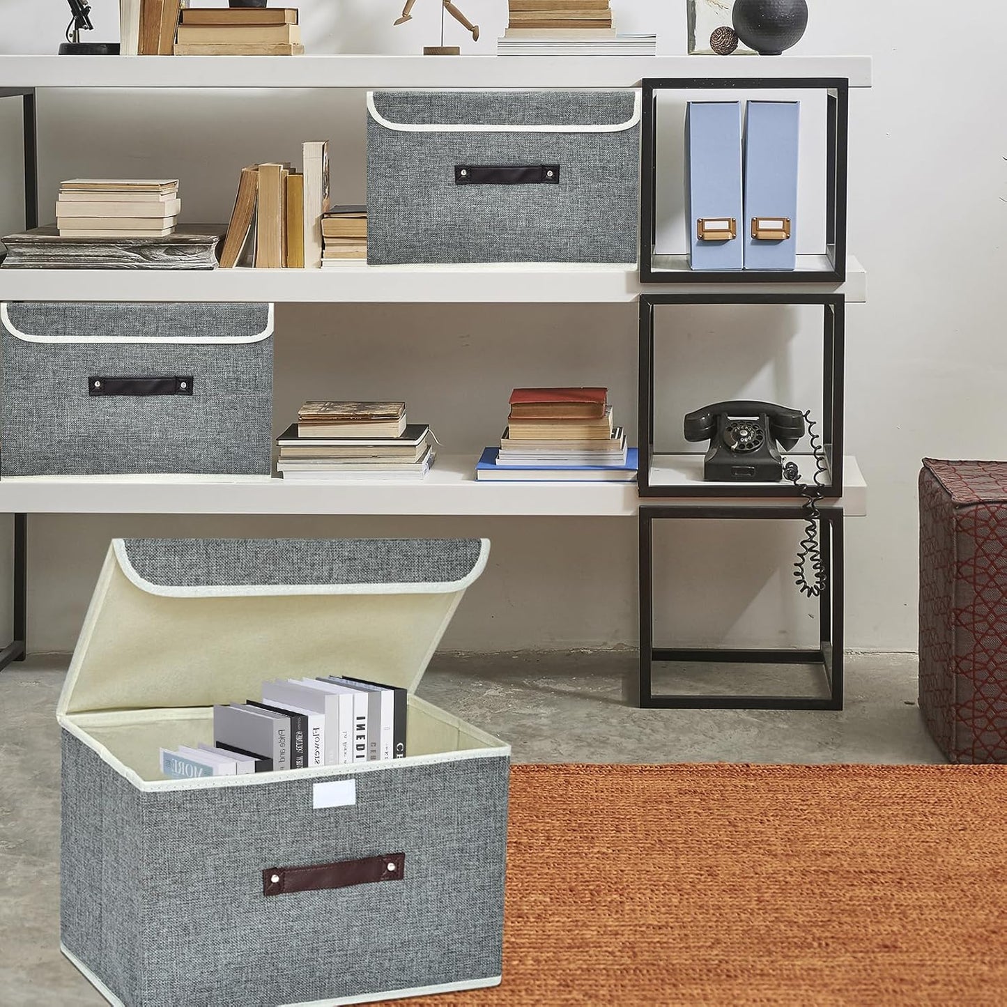 Storage Bin for Shelves Foldable Storage Organizing Basket with Lid&Handles Rectangle Closet Baskets,Gray Storage Bins, Storage Boxes for Home Office Car Dormroom