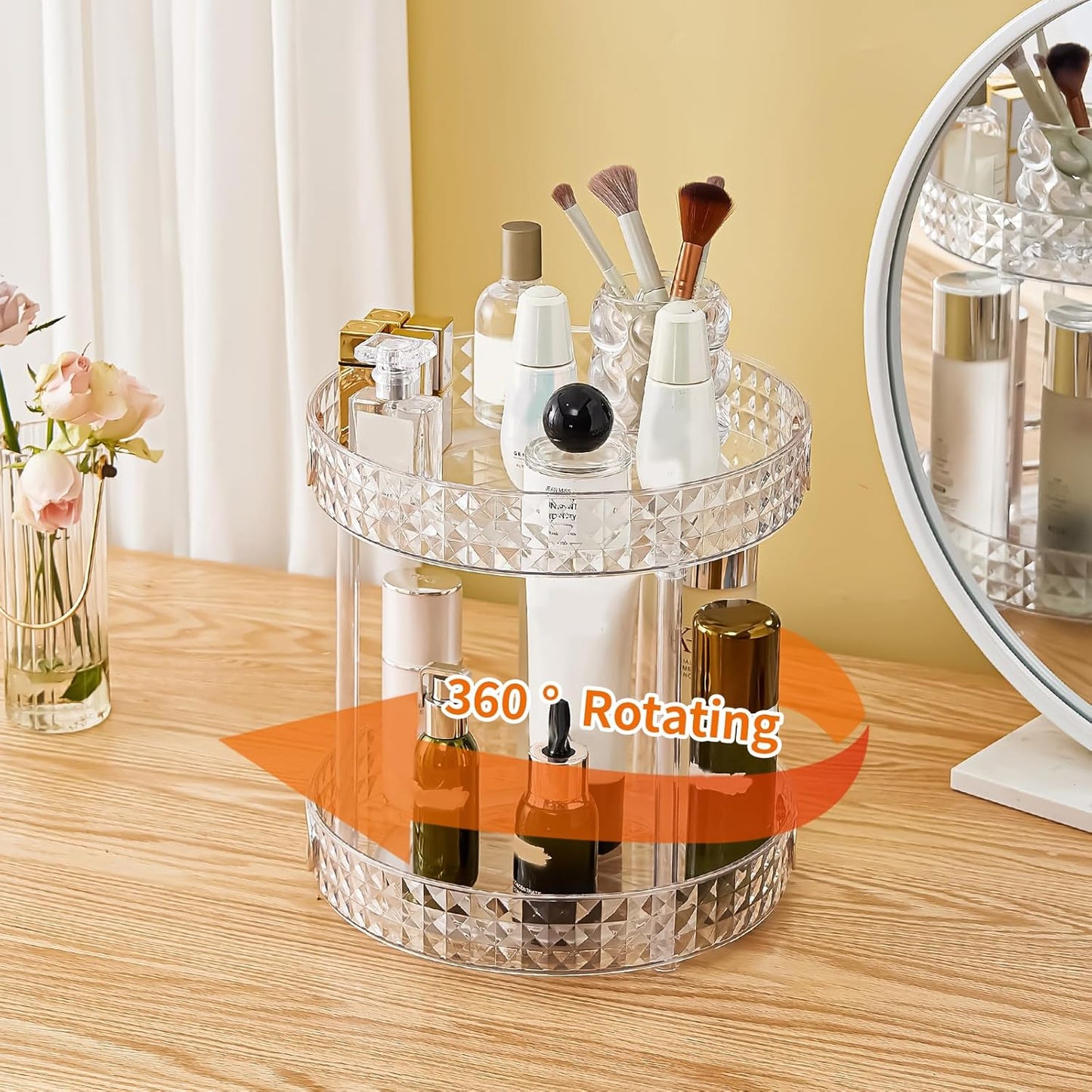 360° Rotating Makeup Organizer, 2 Tier Large Perfume Organizers with Portable Handle for Vanity Bathroom Countertop, Bathroom Counter Organizer for Cosmetics Skincare Perfume