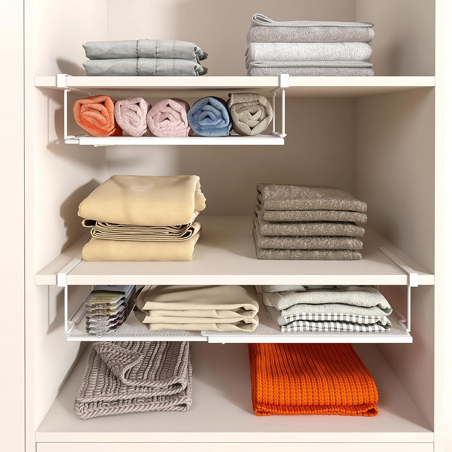Expandable Under Cabinet Shelf, Extendable Under Shelf Storage with 0.94 Inches Thick Clips for Pantry Cabinet, Laundry Room, Shoe Rack.(White, 1 Pack, Interior: 3.66" H x 8.26" D)