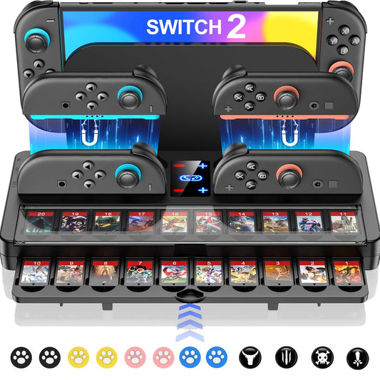 25 Slots Switch 2 Charging Organizer Joycon 2 Controller Storage Compatible with Nintendo 2 Accessories w Extended USB C Cable & LED Indicator (M-Charging Organizer w Joystick Covers)