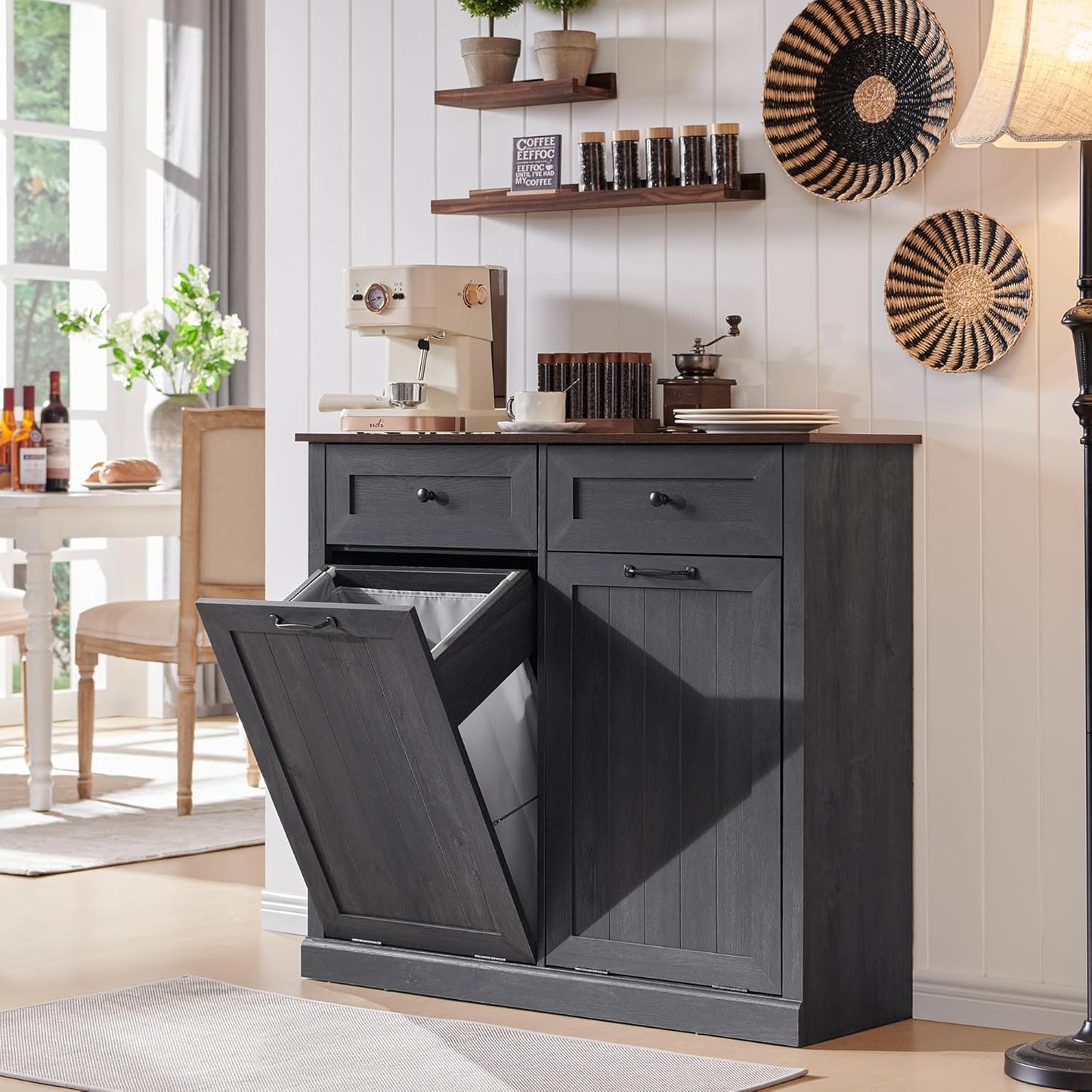 Double Tilt Out Trash Cabinet, 20 Gallon Farmhouse Laundry Hamper Cabinet with 2 Drawers, Hidden Wooden Trash Can Cabinets with Storage Basket for Kitchen, Living Room (Dark Grey)