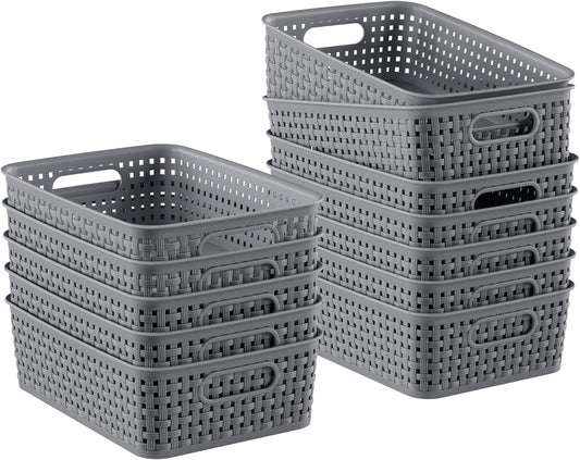 12 Pack Plastic Storage Baskets, Small Baskets for Organizing, Plastic Storage Bins Wicker Pantry Organizer Bins Household Toys for Laundry Room, Bedrooms, Kitchens, Cabinets, Countertops