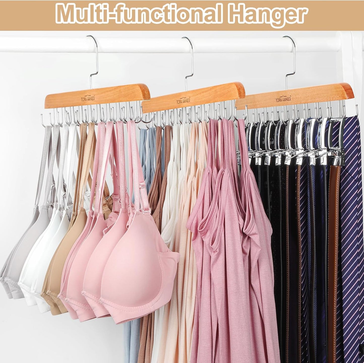 TOPIA HANGER Bra Hanger for Closet, 2 Pack Tank Top Hangers 40 Hooks Capacity Foldable Wood Space Saving Hangers Closet Organizer for Tank Top, Bra, Scarf, Belt, Tie, Hoodie etc - CT66N
