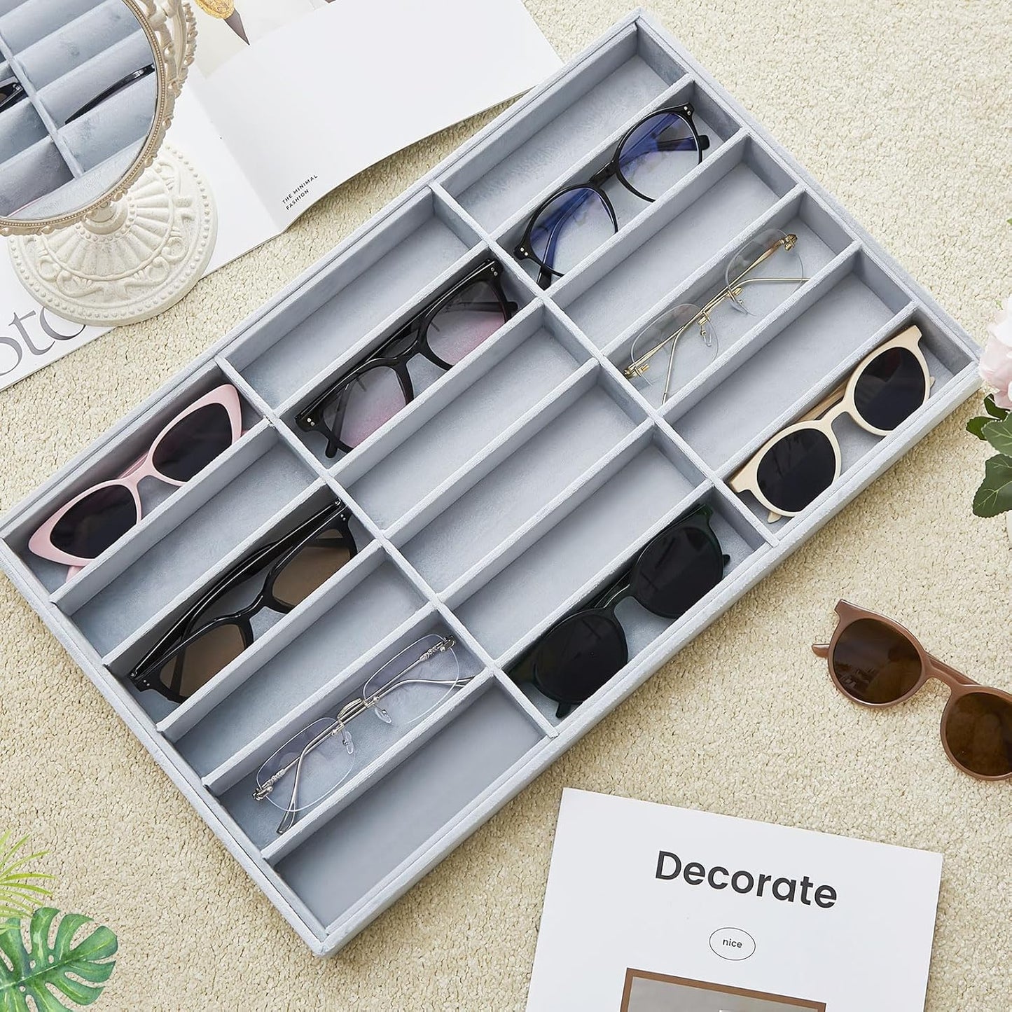 Amylove 2 Pcs Sunglass Organizer Trays Glasses Stackable Jewelry Trays Sunglass Organizer Display Box(18 Grids,Gray)