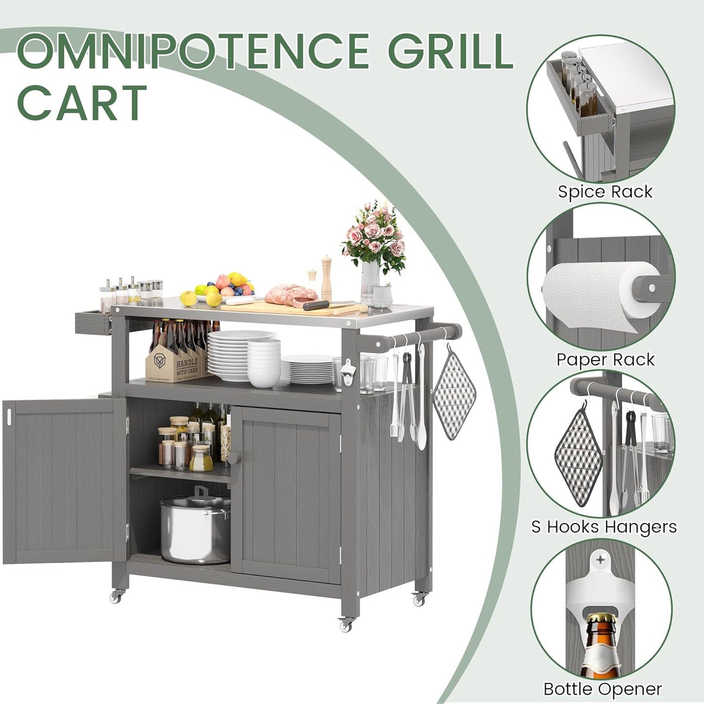 Weatherproof HIPS Outdoor Kitchen Island with Stainless Steel Top & Storage Cabinet, Movable Prep Table with Wheels for BBQ Food Prep, Outdoor Grill Cart for Parties, Grey